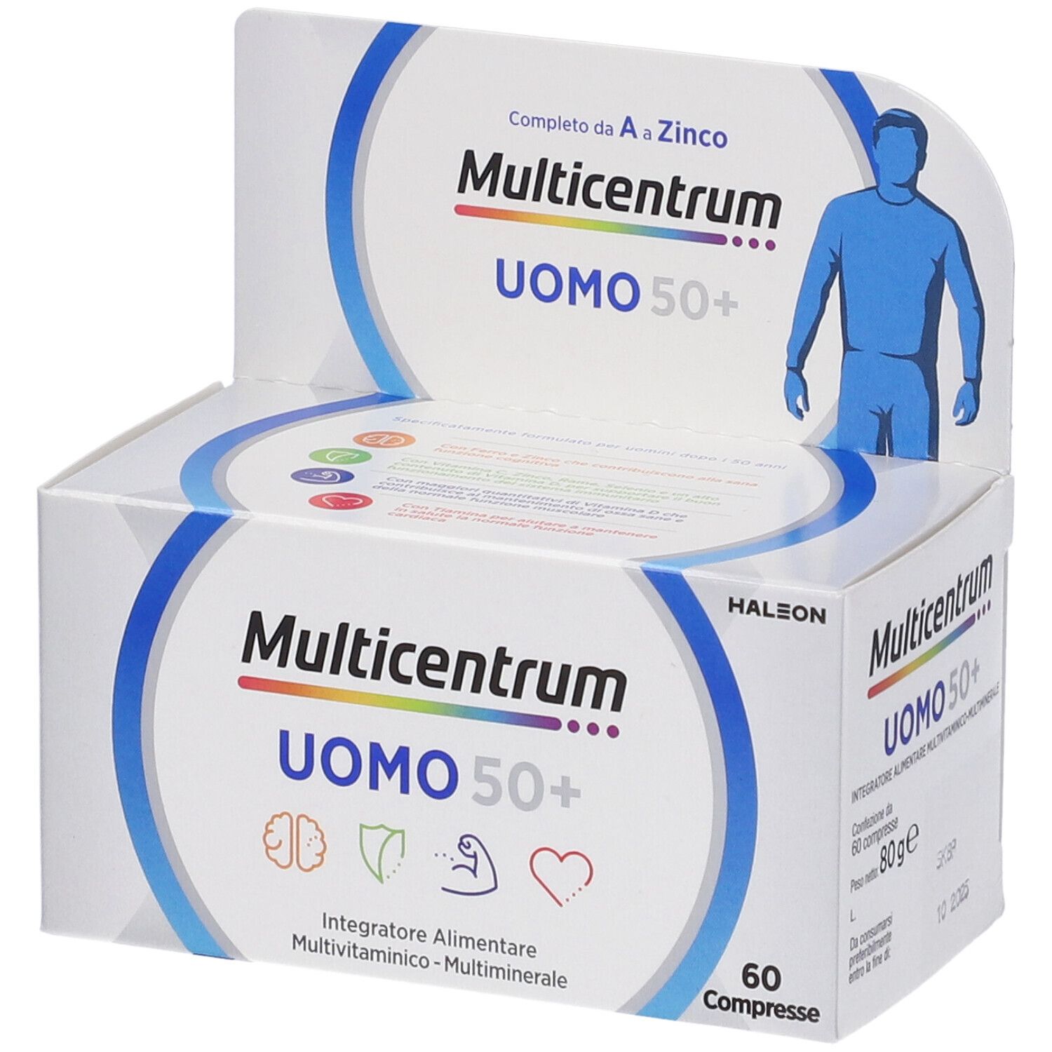Confezione di Multicentrum Uomo 50+. Contiene 60 compresse. Scritto: Multivitaminico-Multiminerale.