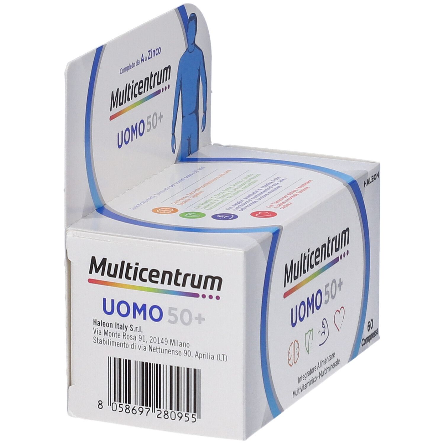 Confezione di Multicentrum Uomo 50+. Contiene 60 compresse. Scritto: Multivitaminico-Multiminerale. Codice a barre.