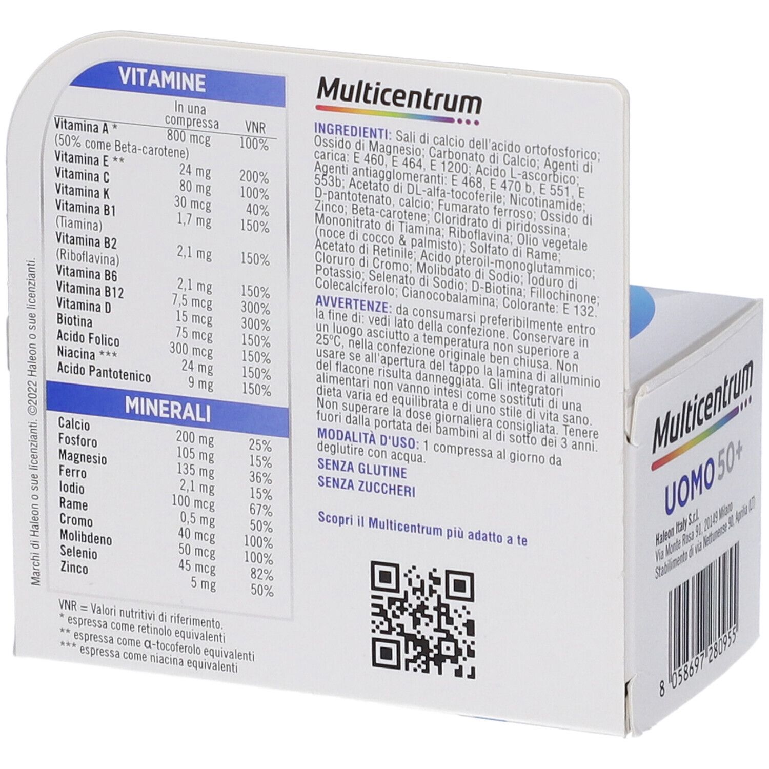 Confezione Multicentrum Uomo 50+. Retro con ingredienti e informazioni nutrizionali. Codice QR.