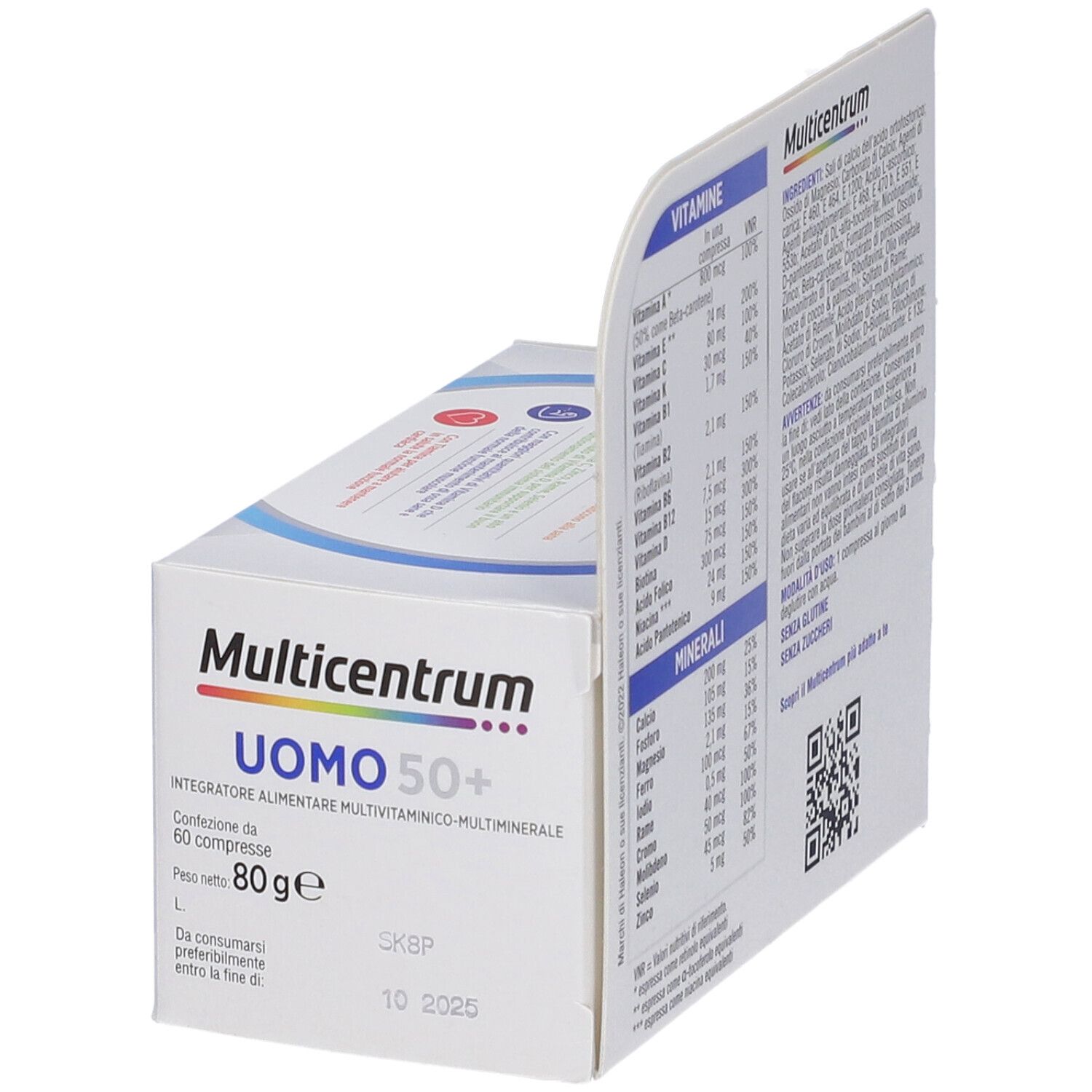 Confezione Multicentrum Uomo 50+. Contiene ingredienti e informazioni nutrizionali. Scadenza.