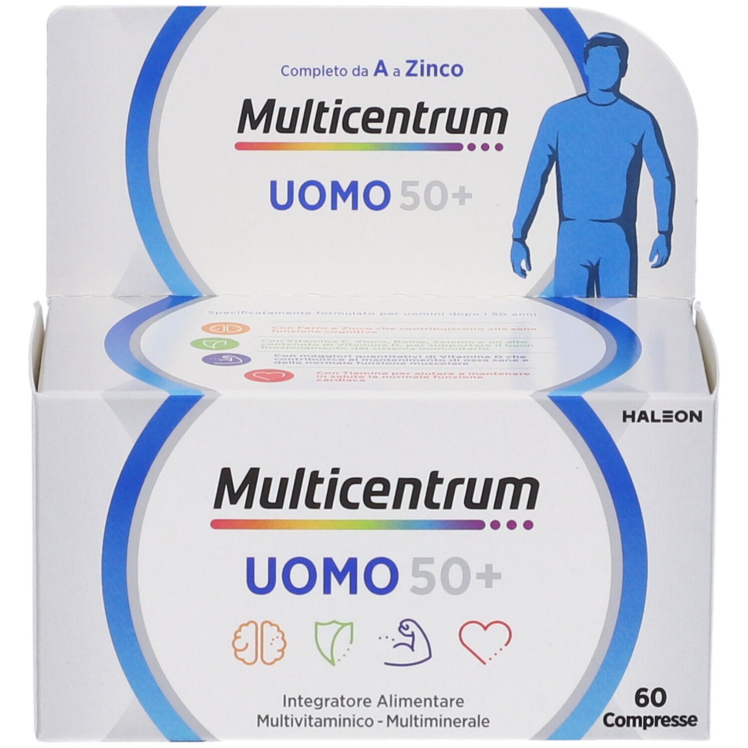 Confezione di Multicentrum Uomo 50+. Contiene 60 compresse. Scritto: Multivitaminico-Multiminerale.