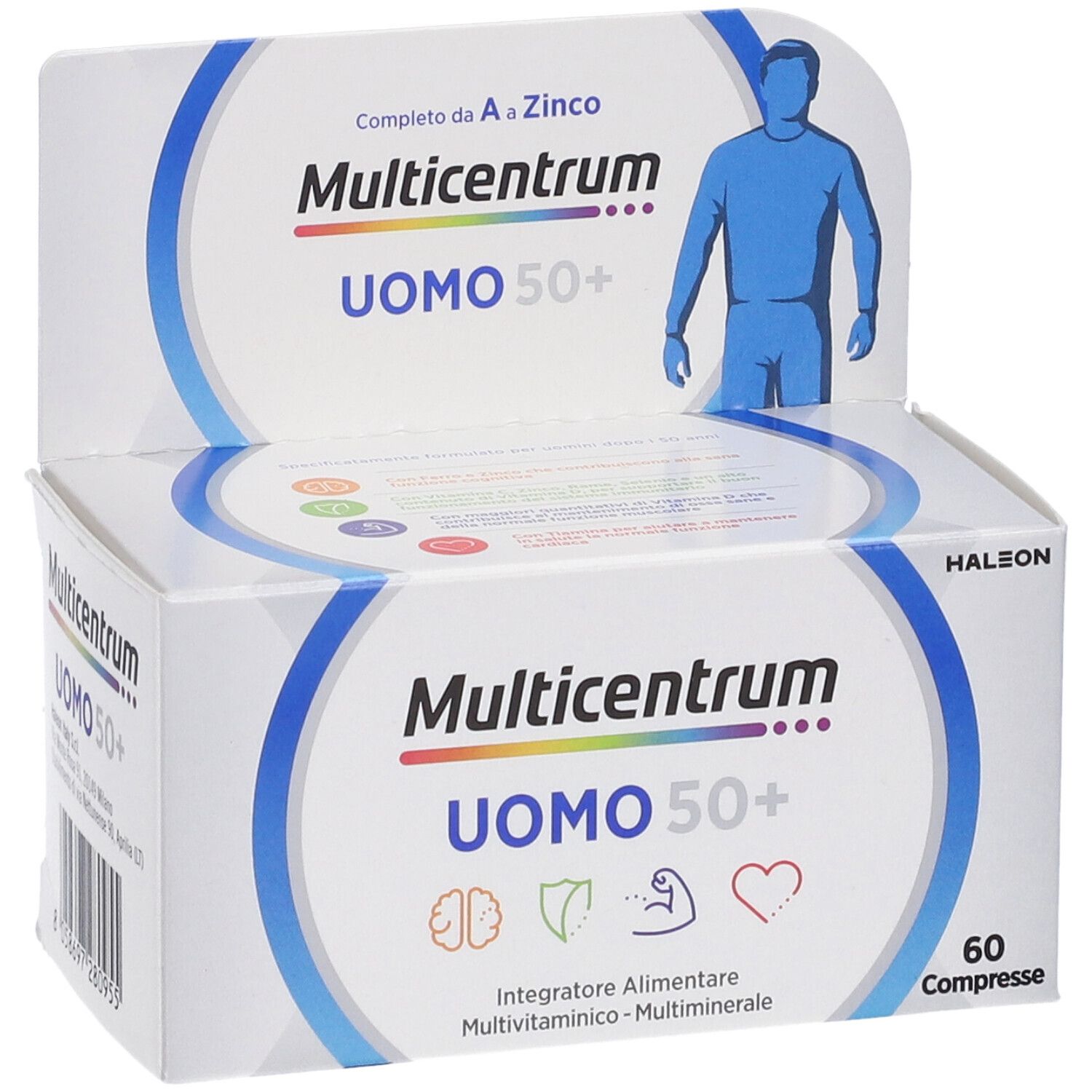 Confezione di Multicentrum Uomo 50+. Contiene 60 compresse. Scritto: Multivitaminico-Multiminerale.