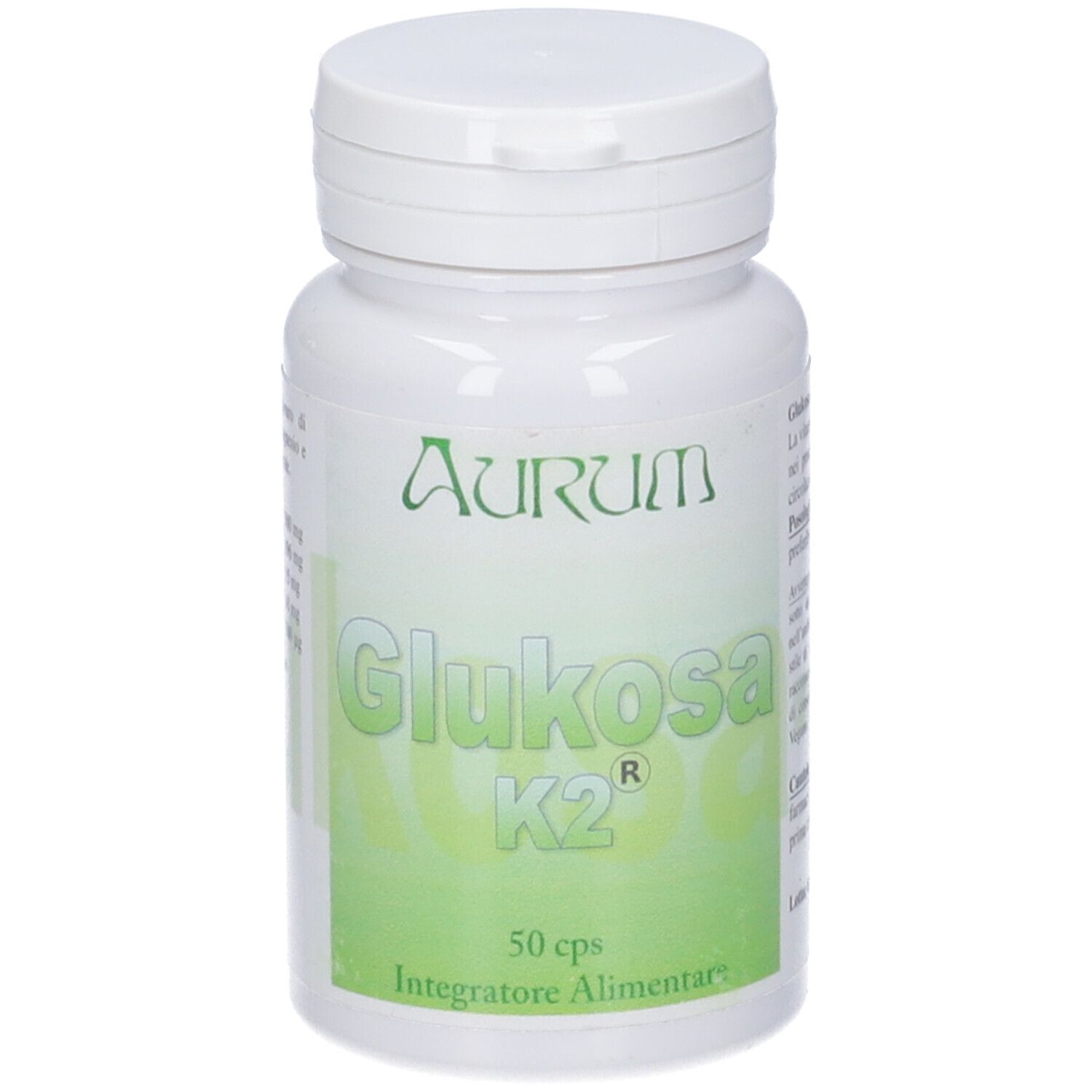 Flacone bianco con etichetta verde. Scritta: AURUM, Glukosa K2, 50 cps, Integratore Alimentare.
