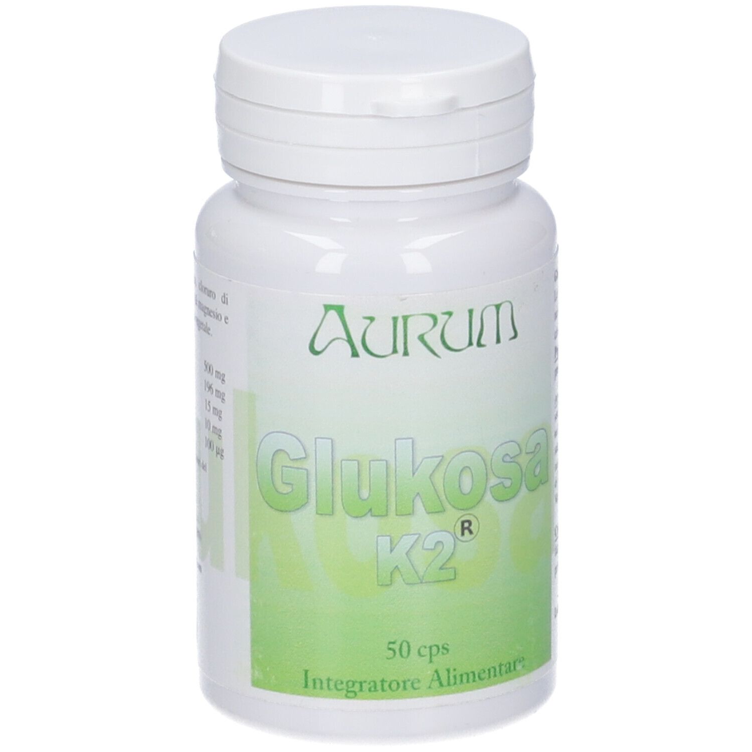 Flacone bianco con etichetta verde. Scritta: AURUM, Glukosa K2, 50 cps, Integratore Alimentare.