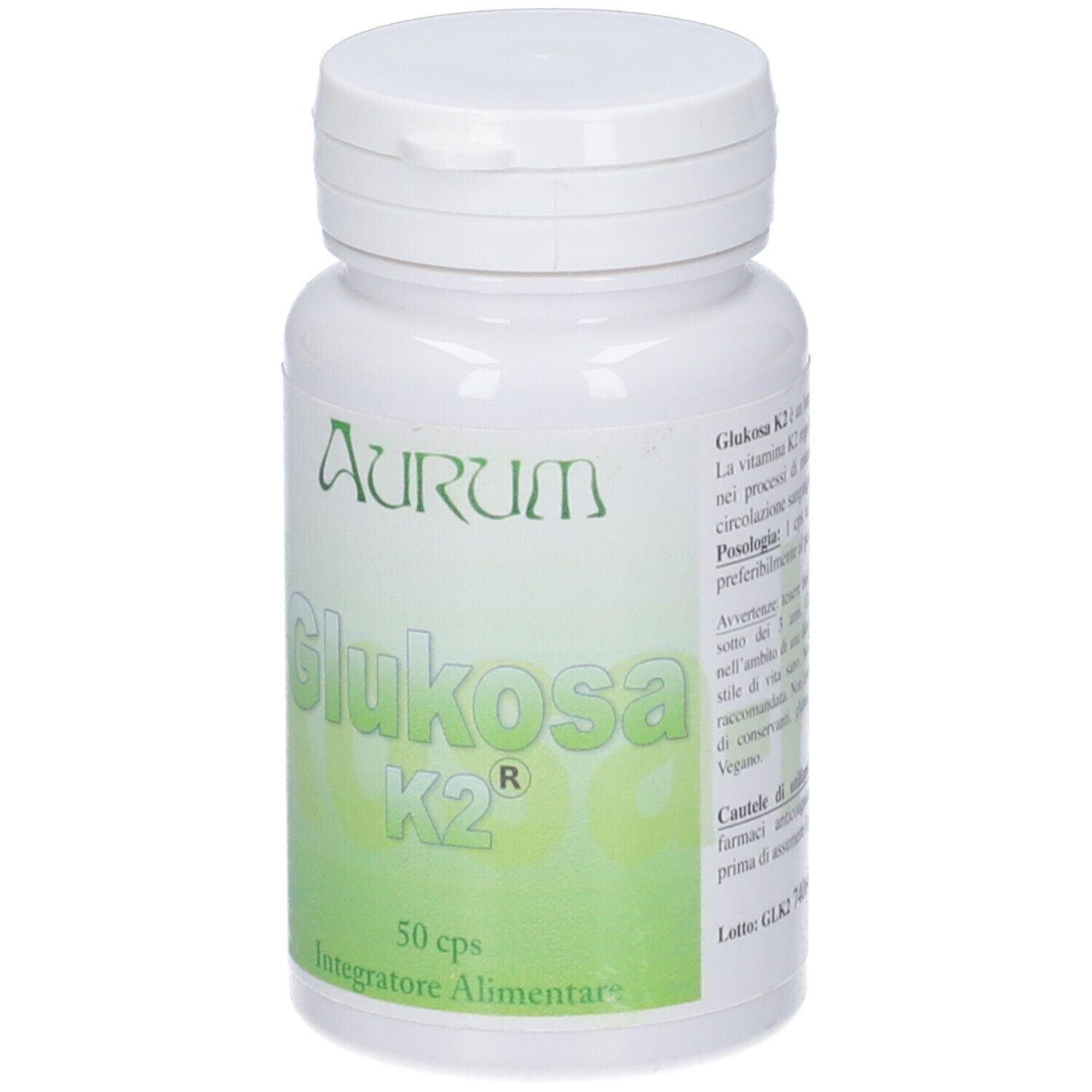 Flacone bianco con etichetta verde. Scritta: AURUM, Glukosa K2, 50 cps, Integratore Alimentare.