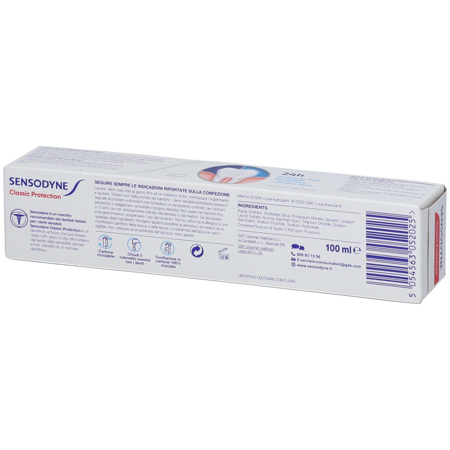 Zahncreme-Verpackung, Rückseite mit Text und Logos. Enthält Informationen und Inhaltsstoffe.
