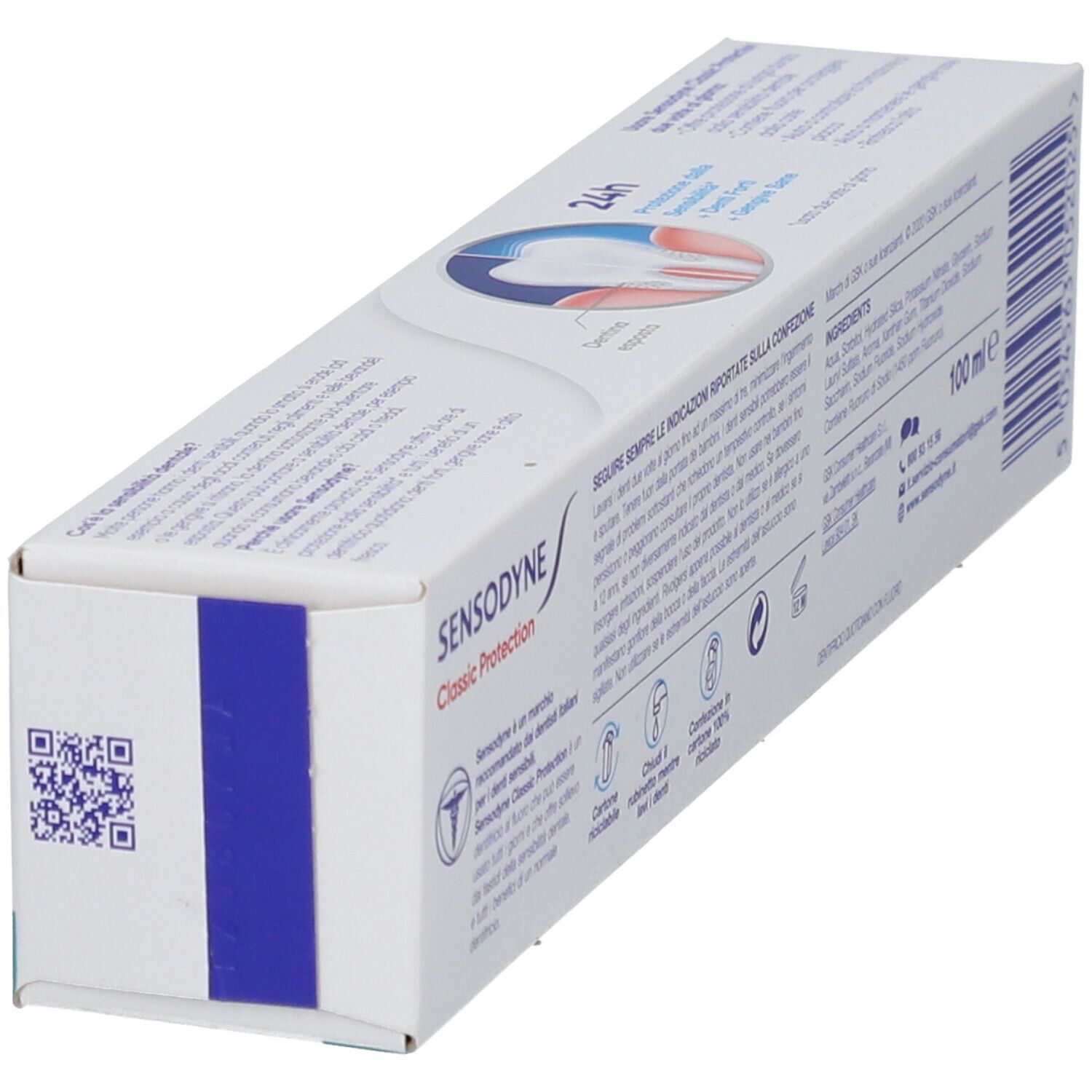 Zahncreme-Verpackung, perspektivische Ansicht. Mit Text, Logos und QR-Code.