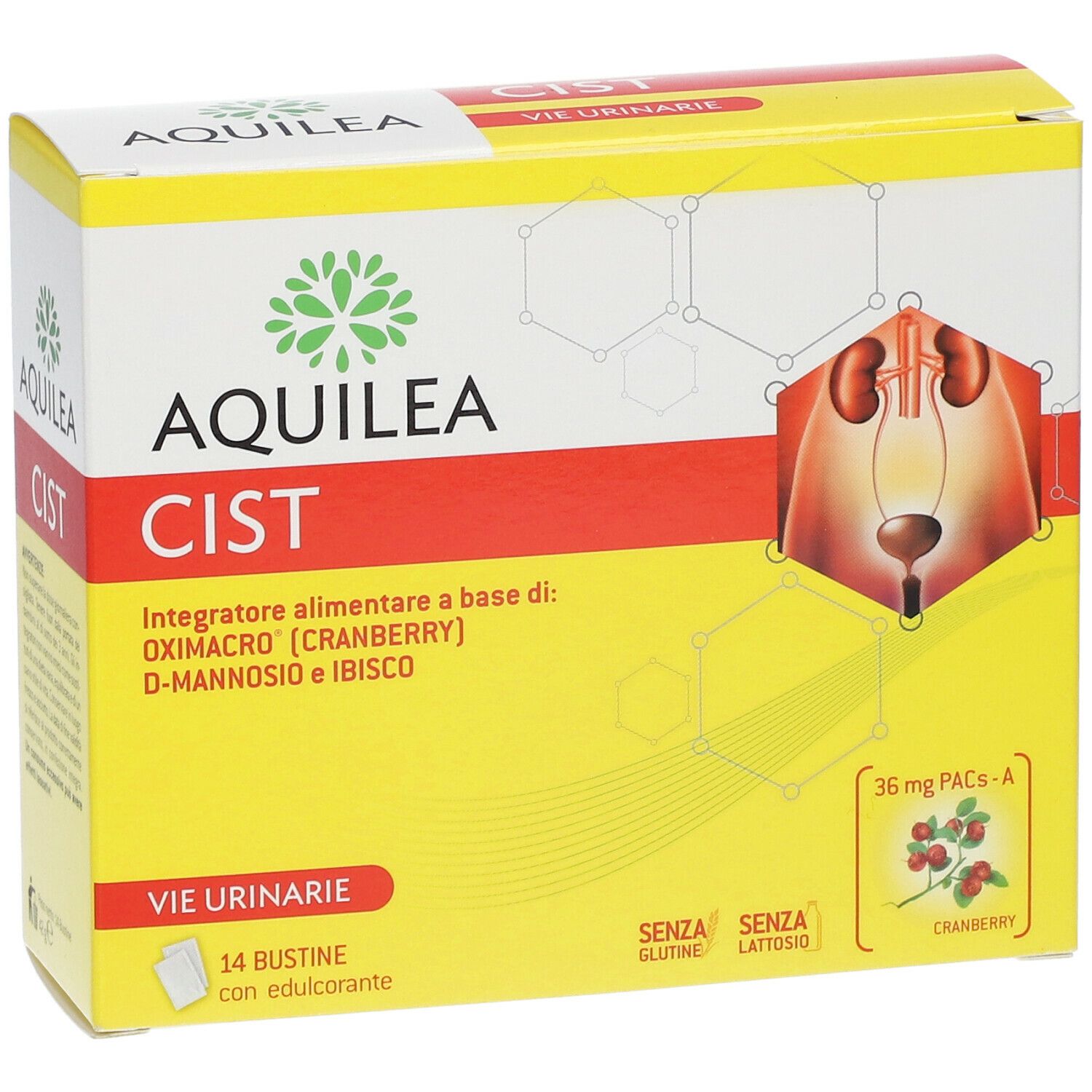 Scatola gialla AQUILEA CIST. Contiene 14 bustine con edulcorante. Illustrazione di mirtillo rosso e organi. Senza glutine e senza lattosio.