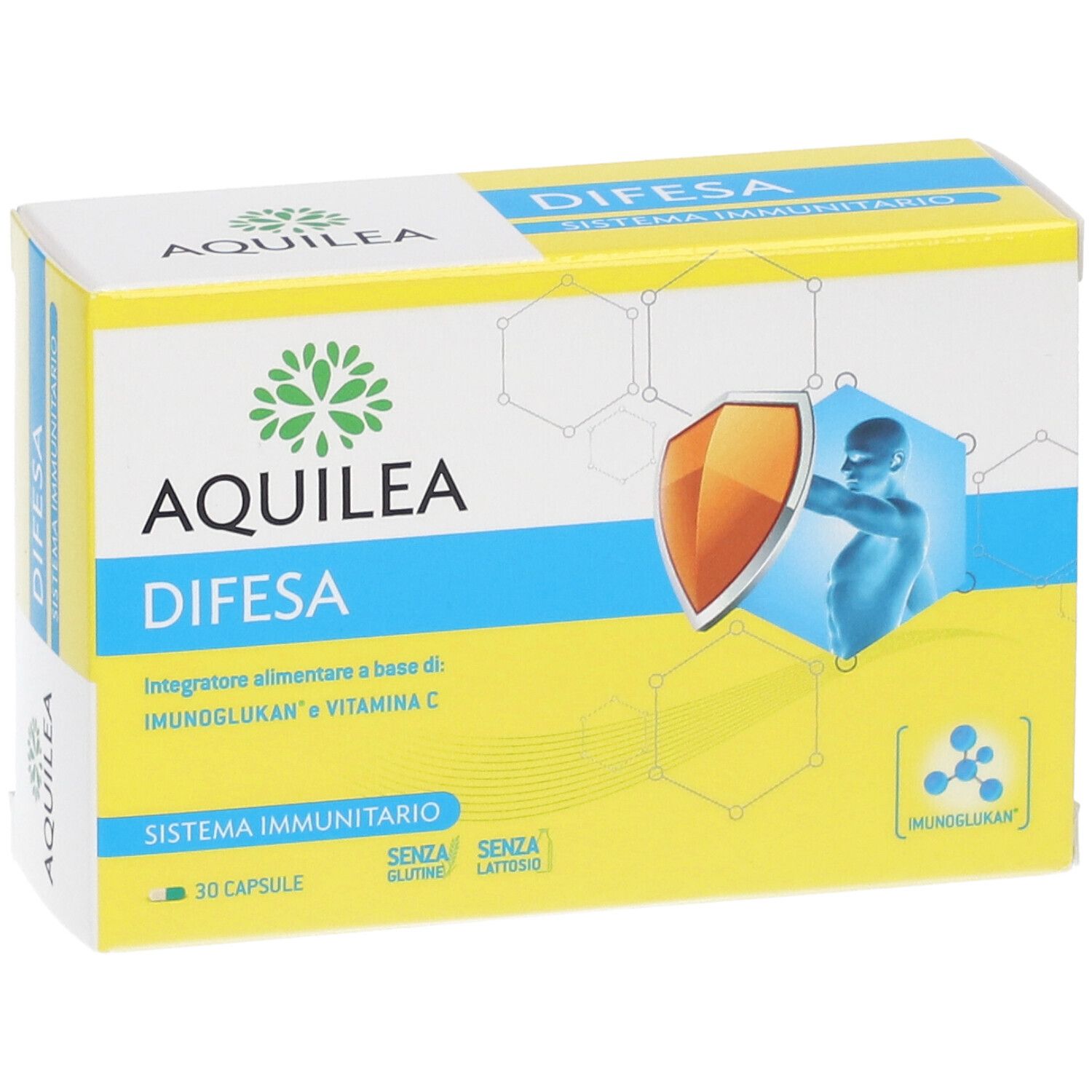 Confezione AQUILEA Difesa. Scatola gialla e bianca con nome e logo del prodotto. Contiene 30 capsule. Senza glutine e lattosio.