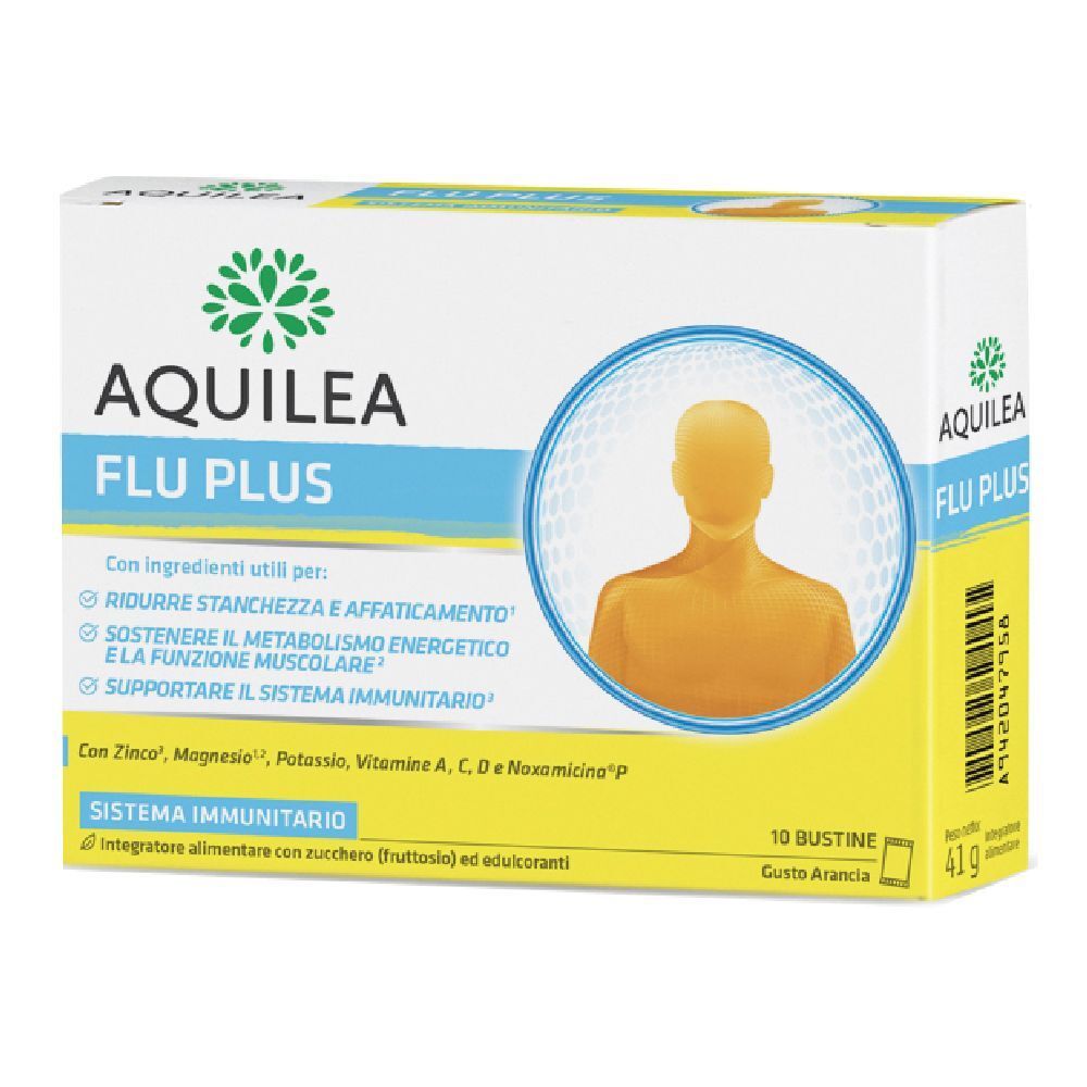 Confezione AQUILEA FLU PLUS. Scatola bianca e gialla con logo e nome del prodotto. Contiene 10 bustine. Scritta: Sistema Immunitario.