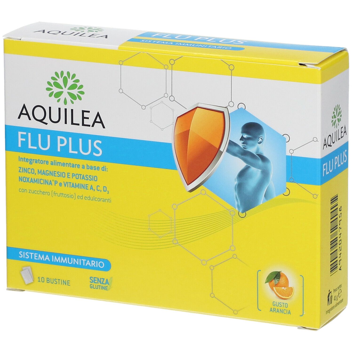 Confezione AQUILEA FLU PLUS. Scatola gialla con logo, nome del prodotto e motivo a scudo. Contiene 10 bustine. Scritta: Sistema Immunitario.