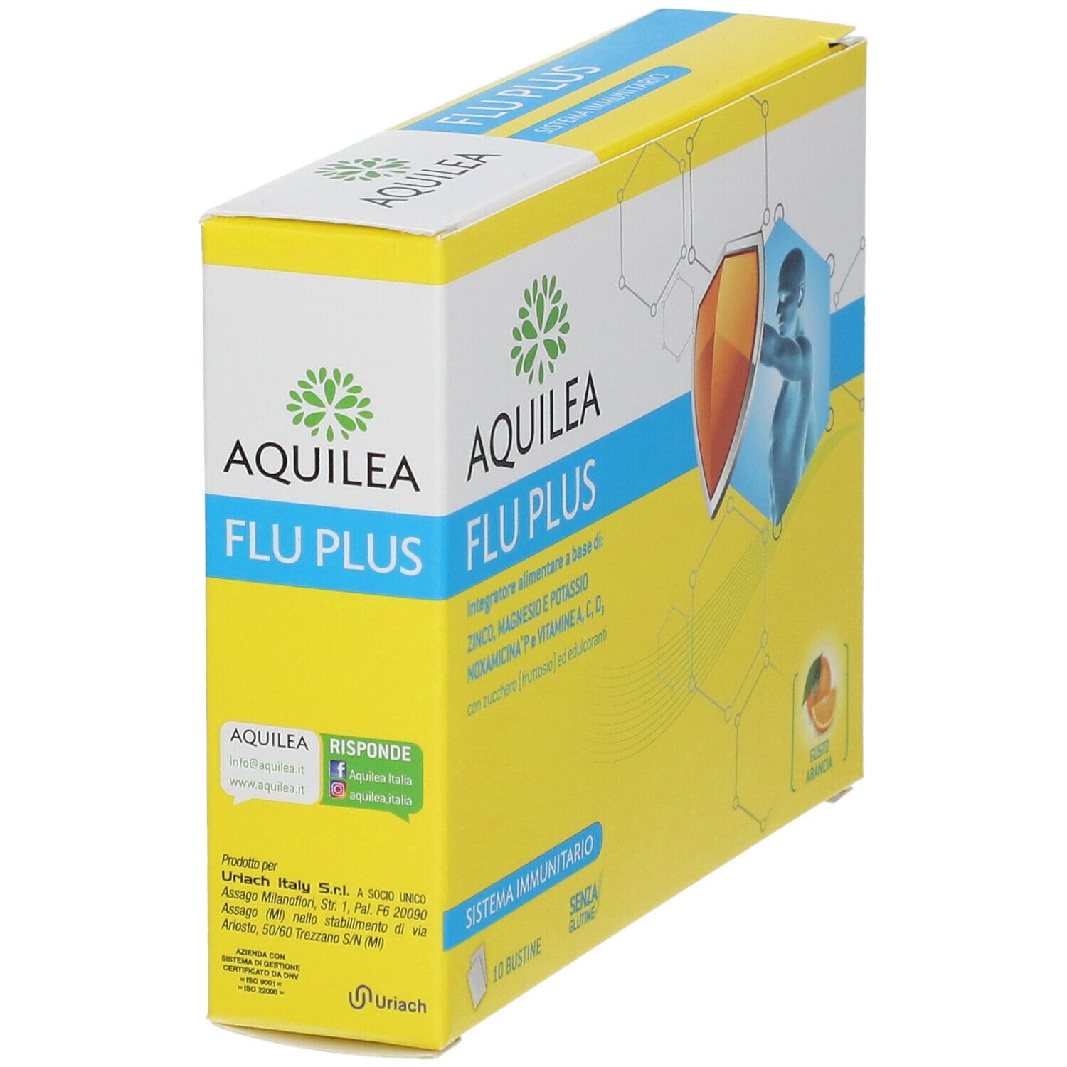 Confezione AQUILEA FLU PLUS. Scatola gialla con logo e nome del prodotto. Contiene 10 bustine. Scritta: Sistema Immunitario. Vista laterale.