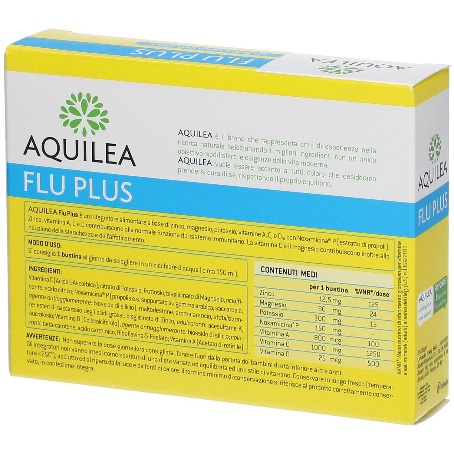 Retro della confezione AQUILEA FLU PLUS. Contiene informazioni sugli ingredienti e sui valori nutrizionali. Testo in italiano.