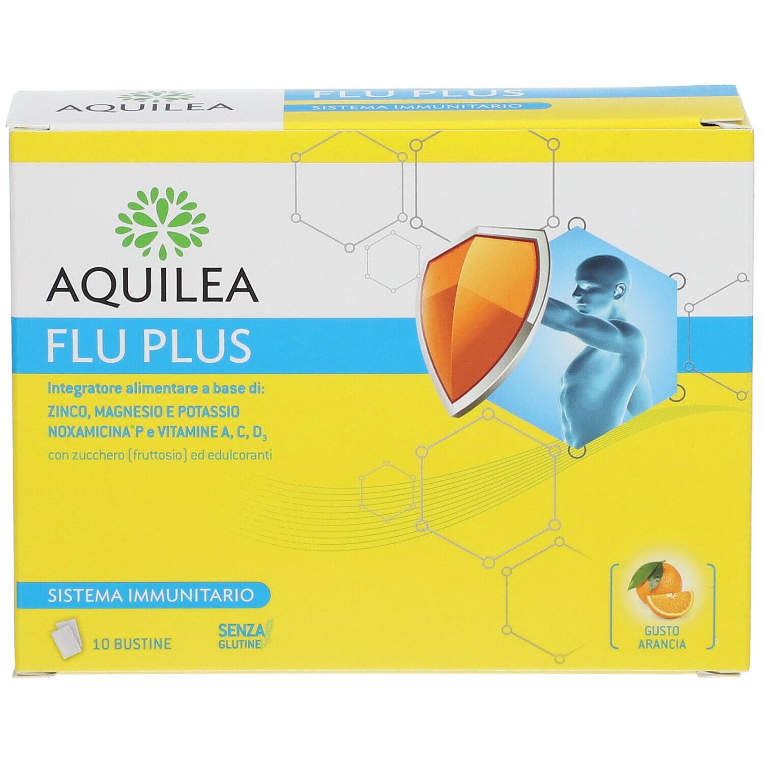 Confezione AQUILEA FLU PLUS. Scatola gialla con logo, nome del prodotto e motivo a scudo. Contiene 10 bustine. Scritta: Sistema Immunitario.