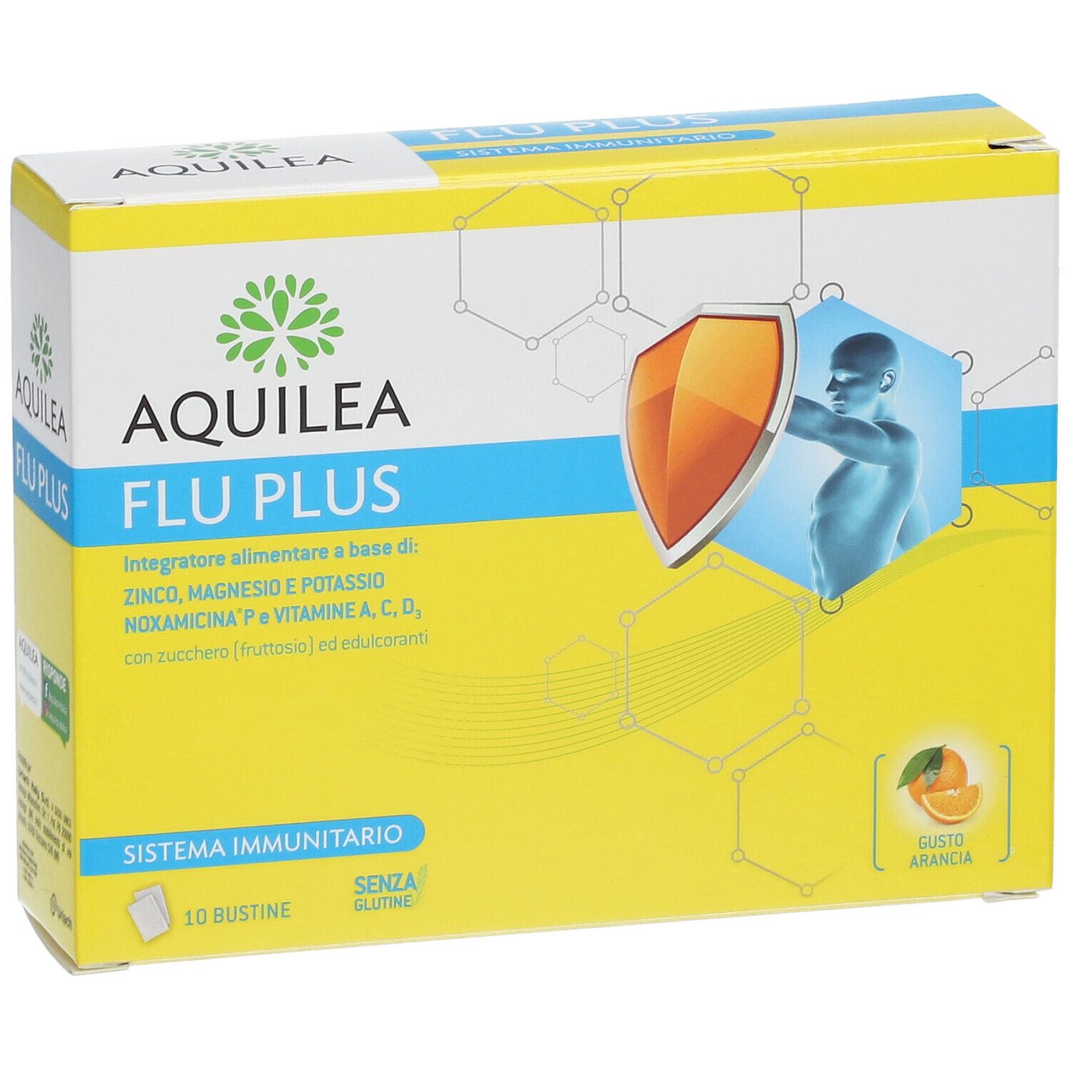Confezione AQUILEA FLU PLUS. Scatola gialla con logo, nome del prodotto e motivo a scudo. Contiene 10 bustine. Scritta: Sistema Immunitario.