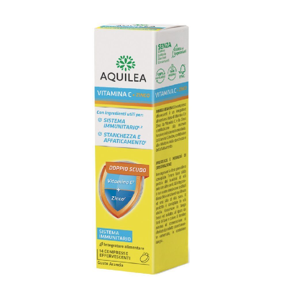 Confezione AQUILEA Vitamina C. Contiene 14 compresse effervescenti. Design giallo-bianco con nome del prodotto e ingredienti.