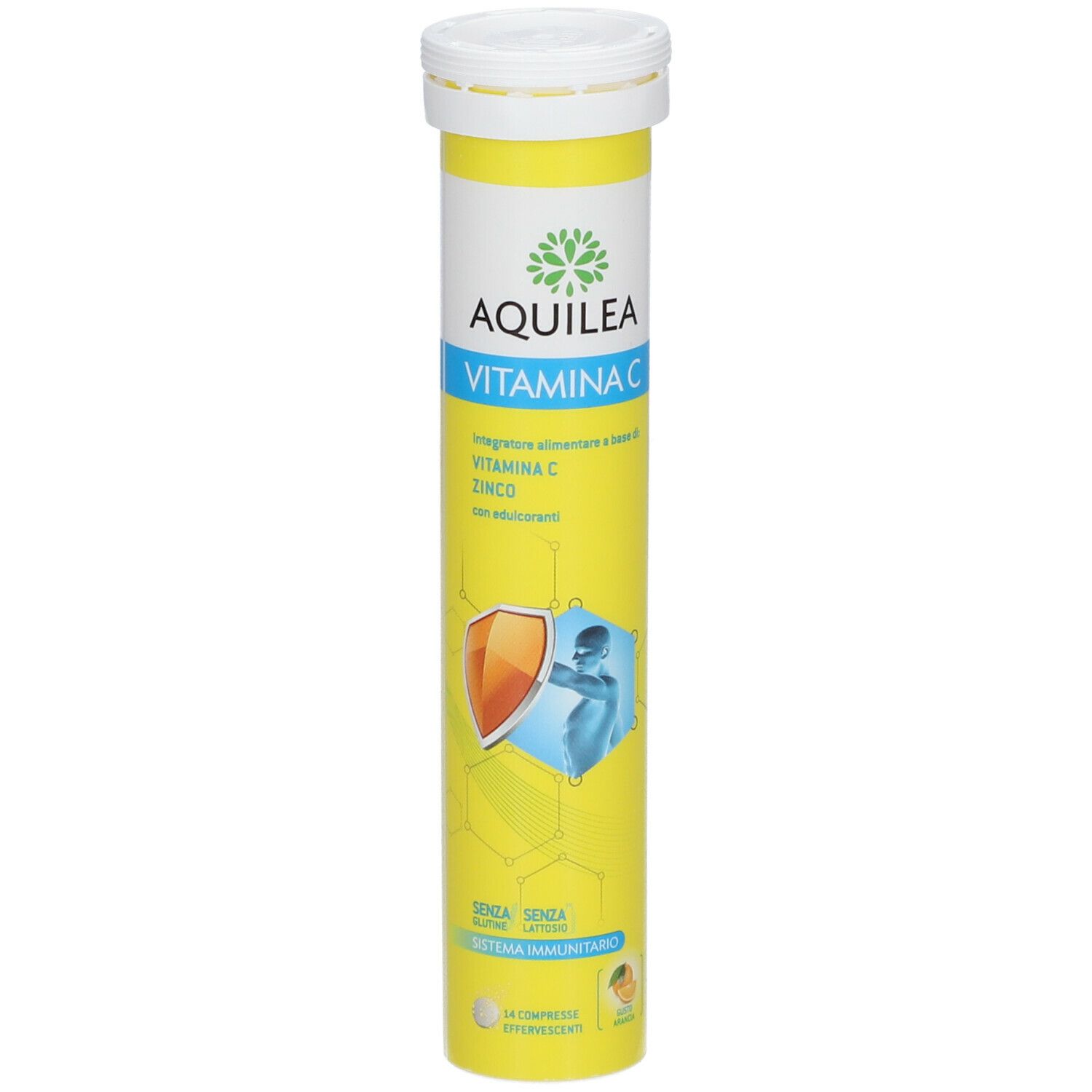Tubo giallo AQUILEA Vitamina C. Contiene compresse effervescenti. Coperchio bianco. Nome e ingredienti stampati.