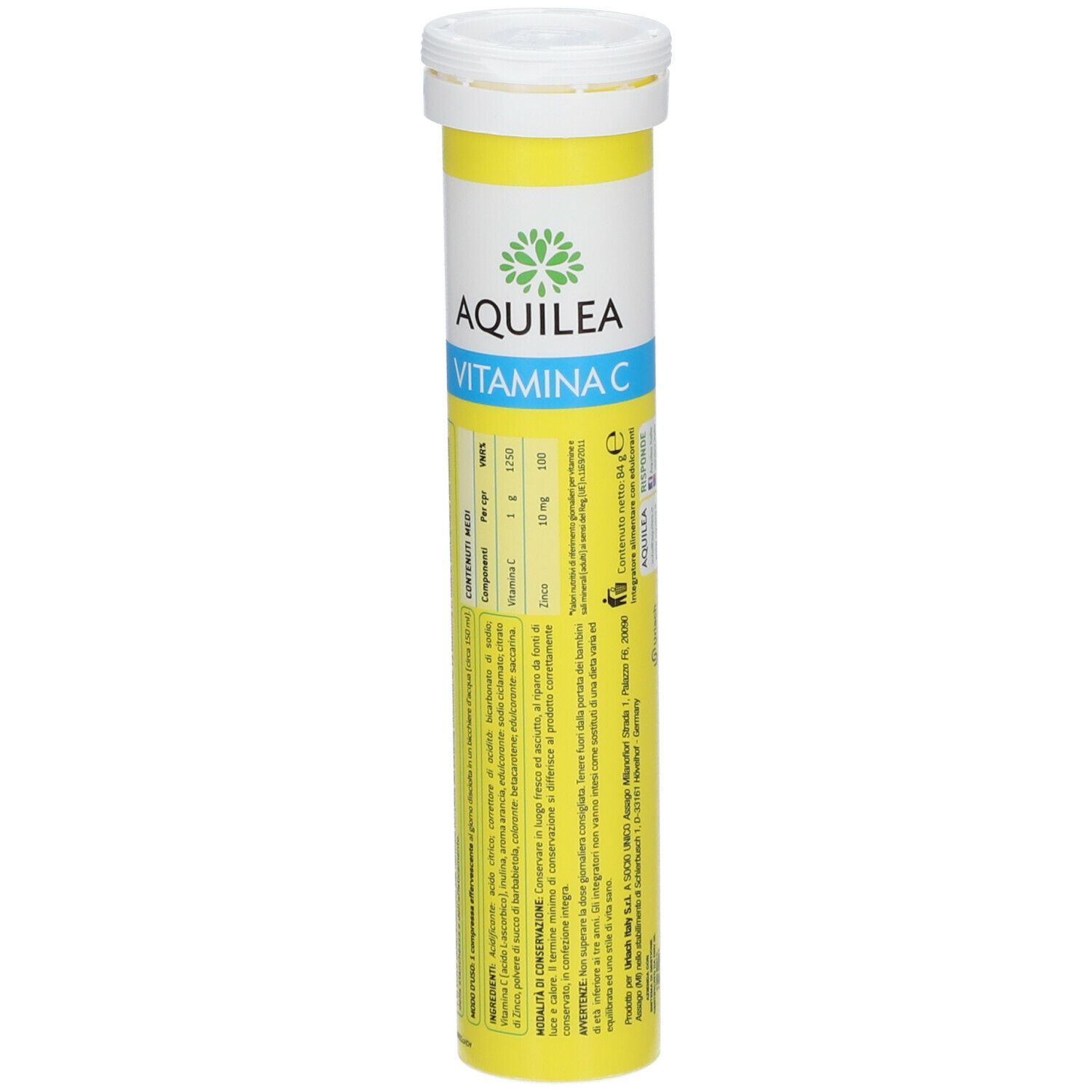 Tubo giallo AQUILEA Vitamina C. Contiene compresse effervescenti. Coperchio bianco. Nome e ingredienti stampati.