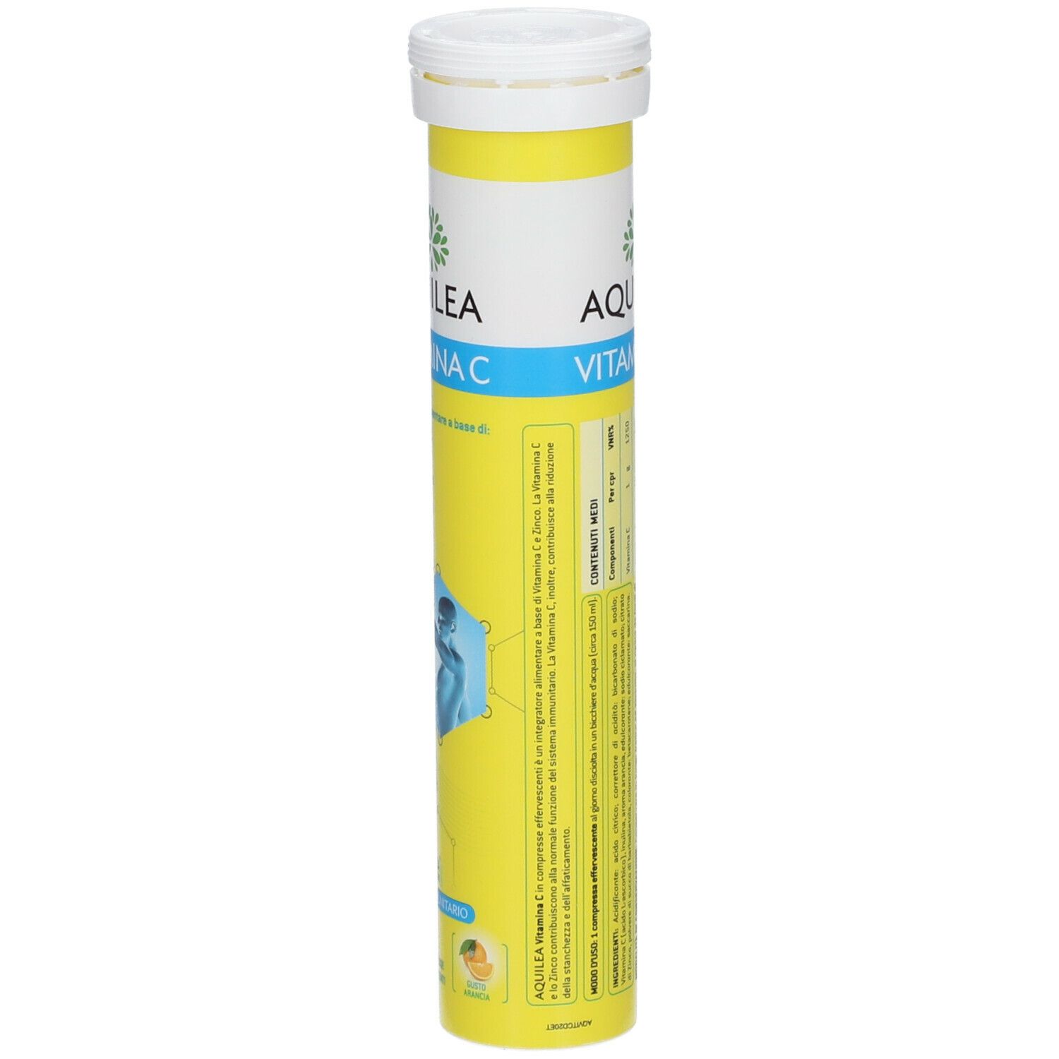 Tubo giallo AQUILEA Vitamina C. Contiene compresse effervescenti. Coperchio bianco. Nome e ingredienti stampati.