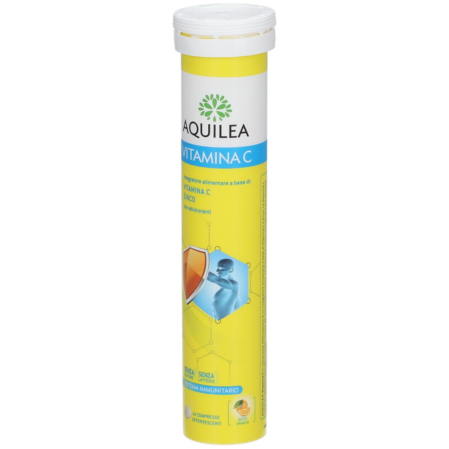 Tubo giallo AQUILEA Vitamina C. Contiene compresse effervescenti. Coperchio bianco. Nome e ingredienti stampati.