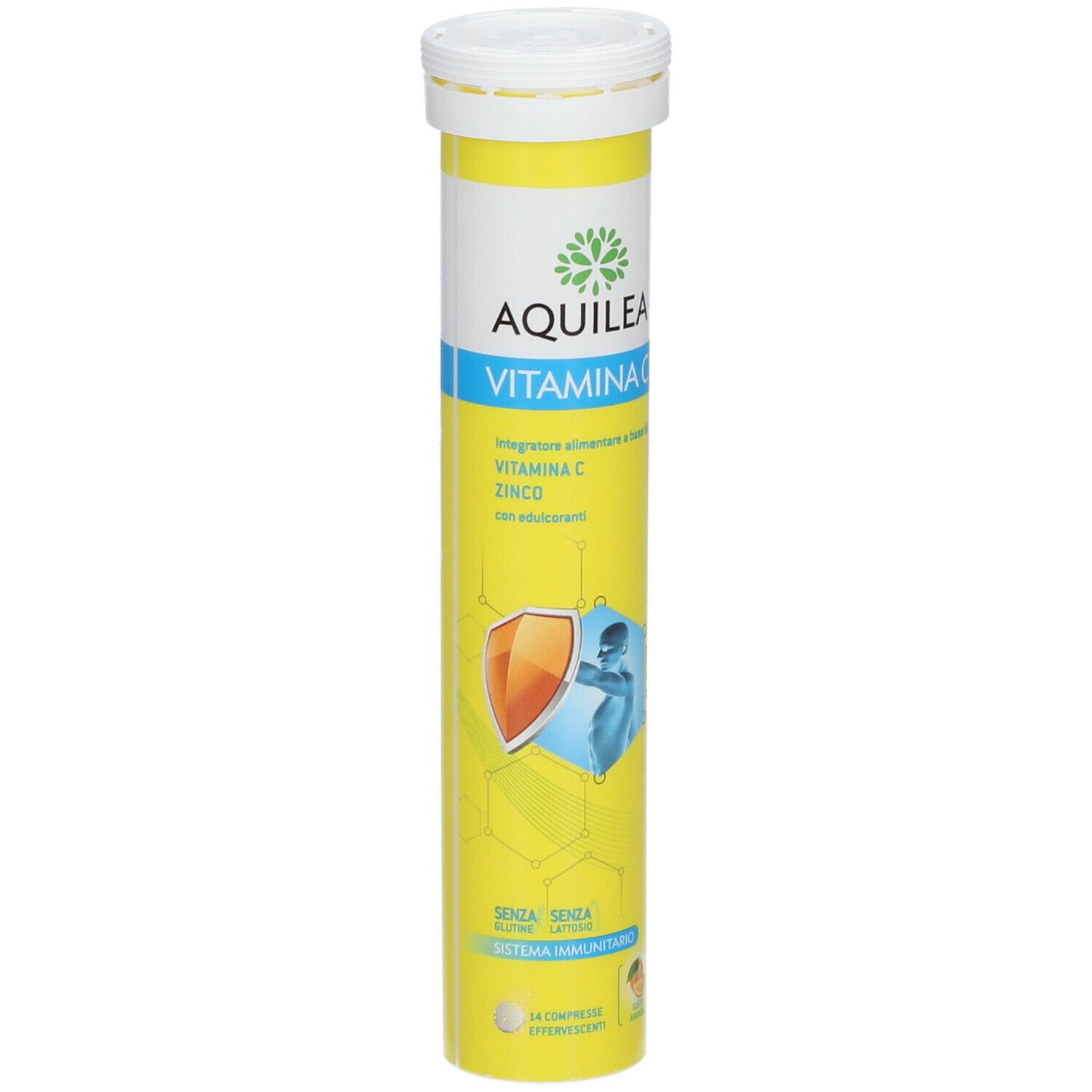 Tubo giallo AQUILEA Vitamina C. Contiene compresse effervescenti. Coperchio bianco. Nome e ingredienti stampati.