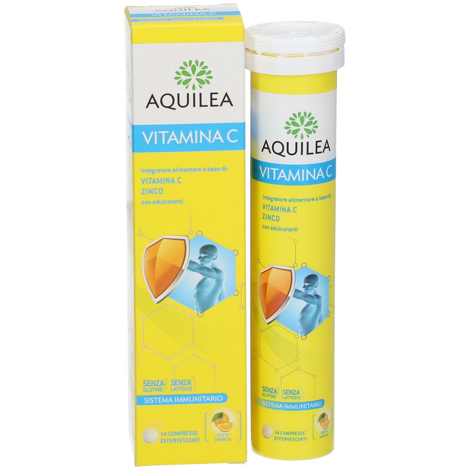 Confezione e tubo AQUILEA Vitamina C. Contiene compresse effervescenti. Design giallo-bianco. Nome e ingredienti visibili.