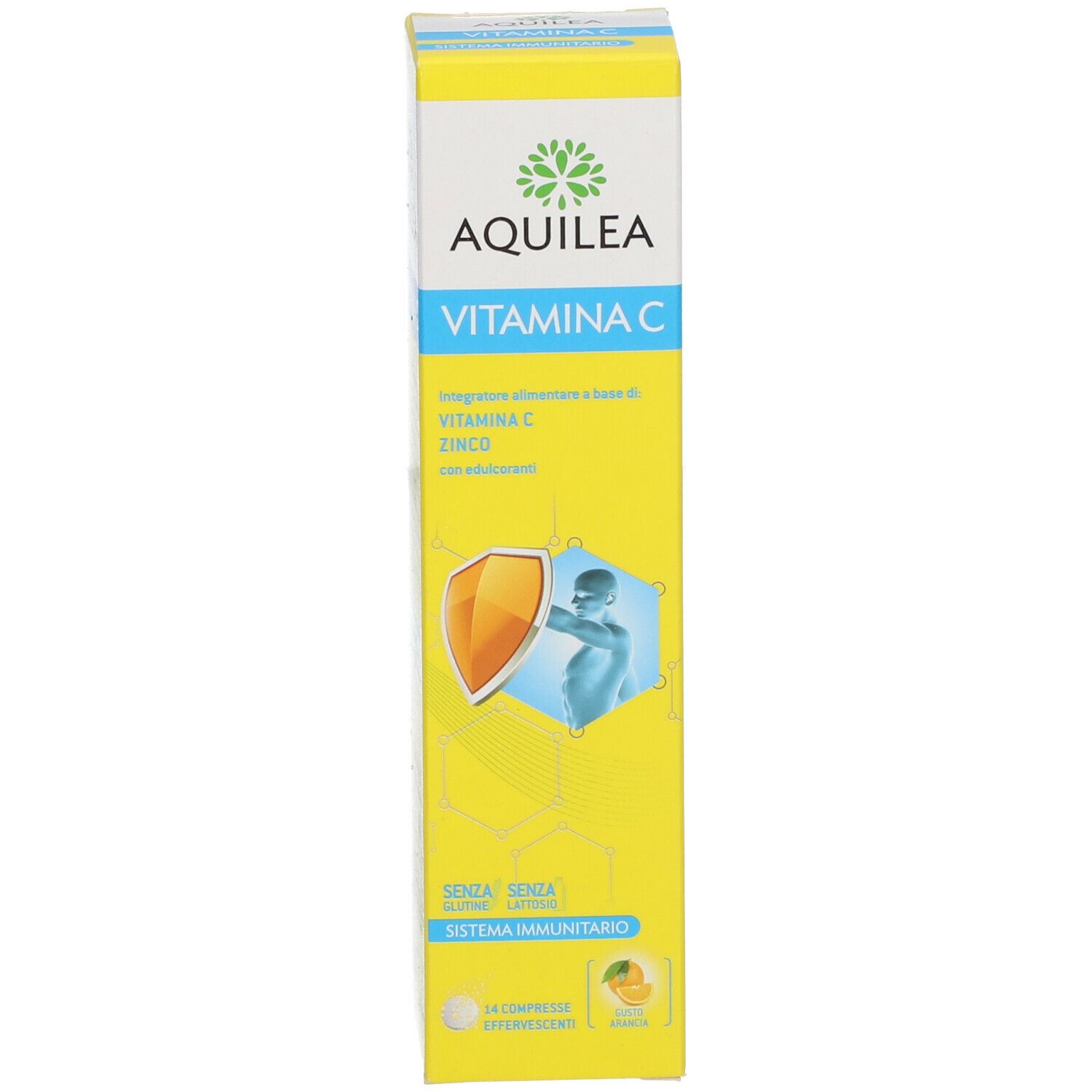 Confezione AQUILEA Vitamina C. Contiene compresse effervescenti. Design giallo-bianco. Nome e ingredienti visibili.