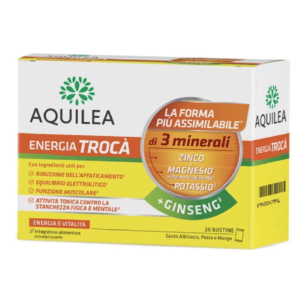 Confezione di AQUILEA Energia. Contiene 20 bustine. Scritte: Energia e vitalità, zinco, magnesio, potassio, ginseng.