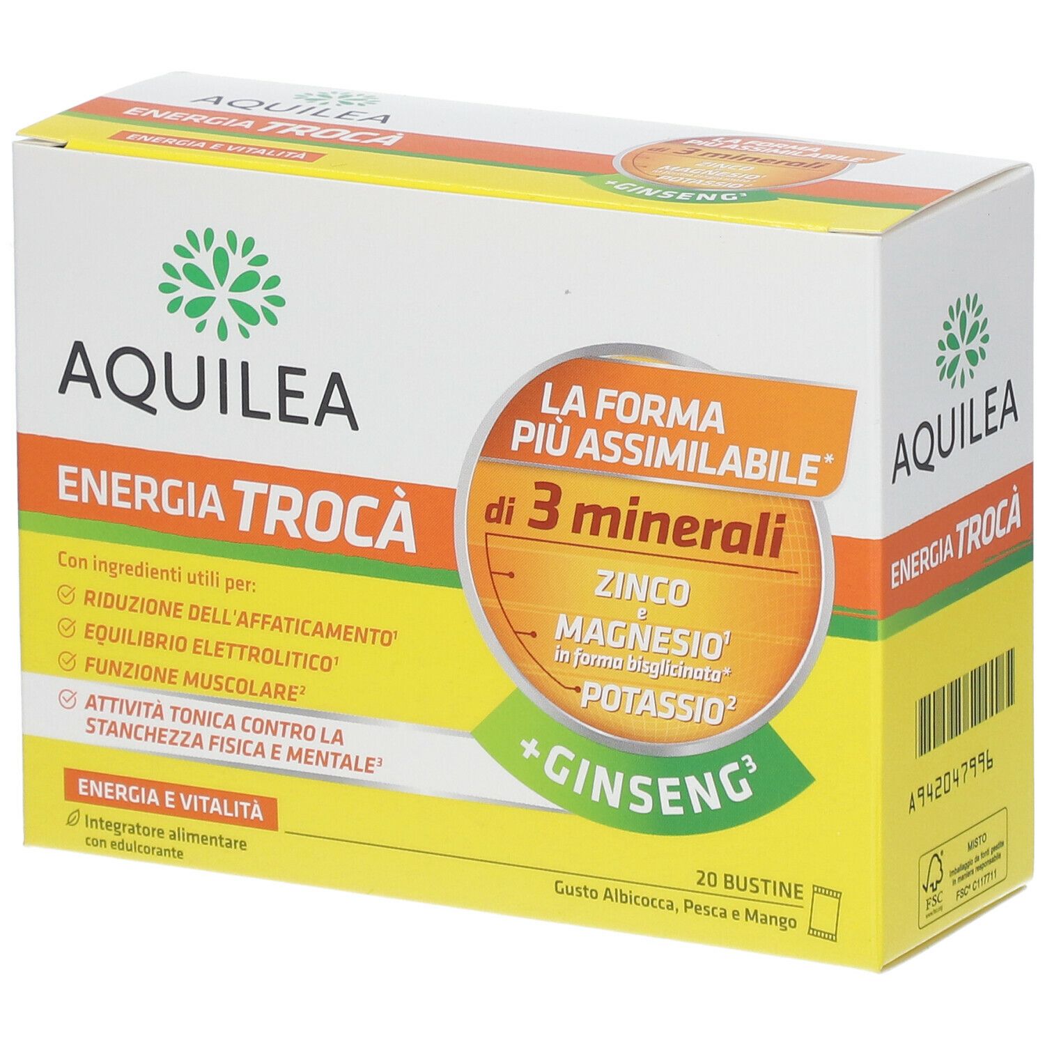 Confezione di AQUILEA Energia. Contiene 20 bustine. Scritte: Energia e vitalità, zinco, magnesio, potassio, ginseng.