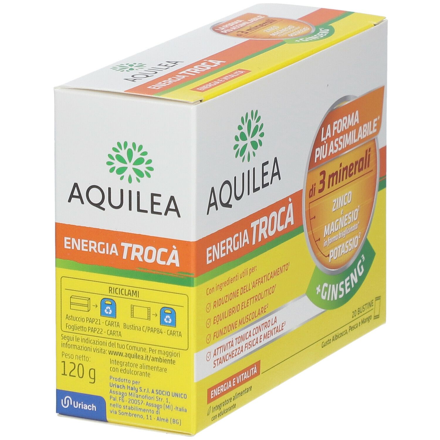 Confezione di AQUILEA Energia. Contiene 20 bustine. Scritte: Energia e vitalità, zinco, magnesio, potassio, ginseng.