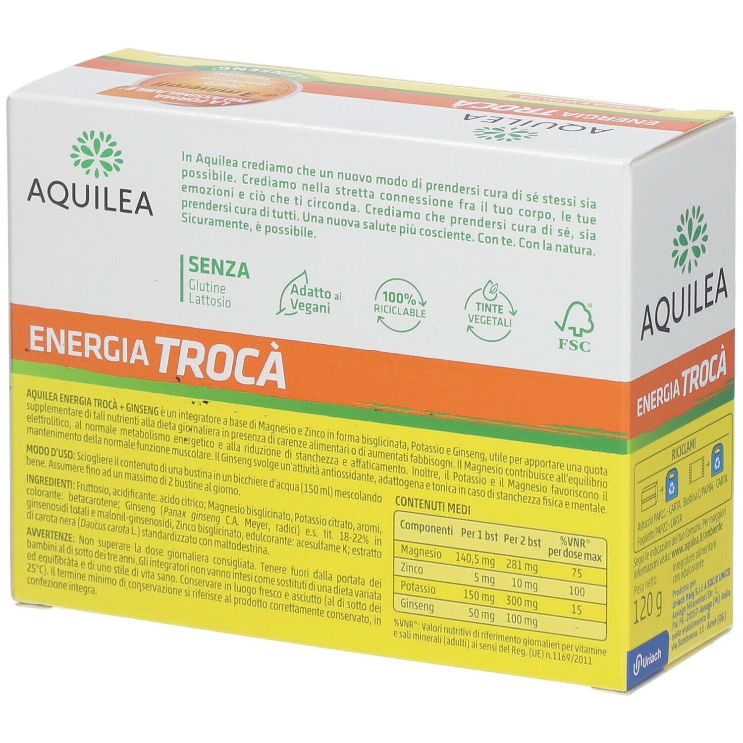 Confezione di AQUILEA Energia. Contiene 20 bustine. Scritte: Energia e vitalità, zinco, magnesio, potassio, ginseng.