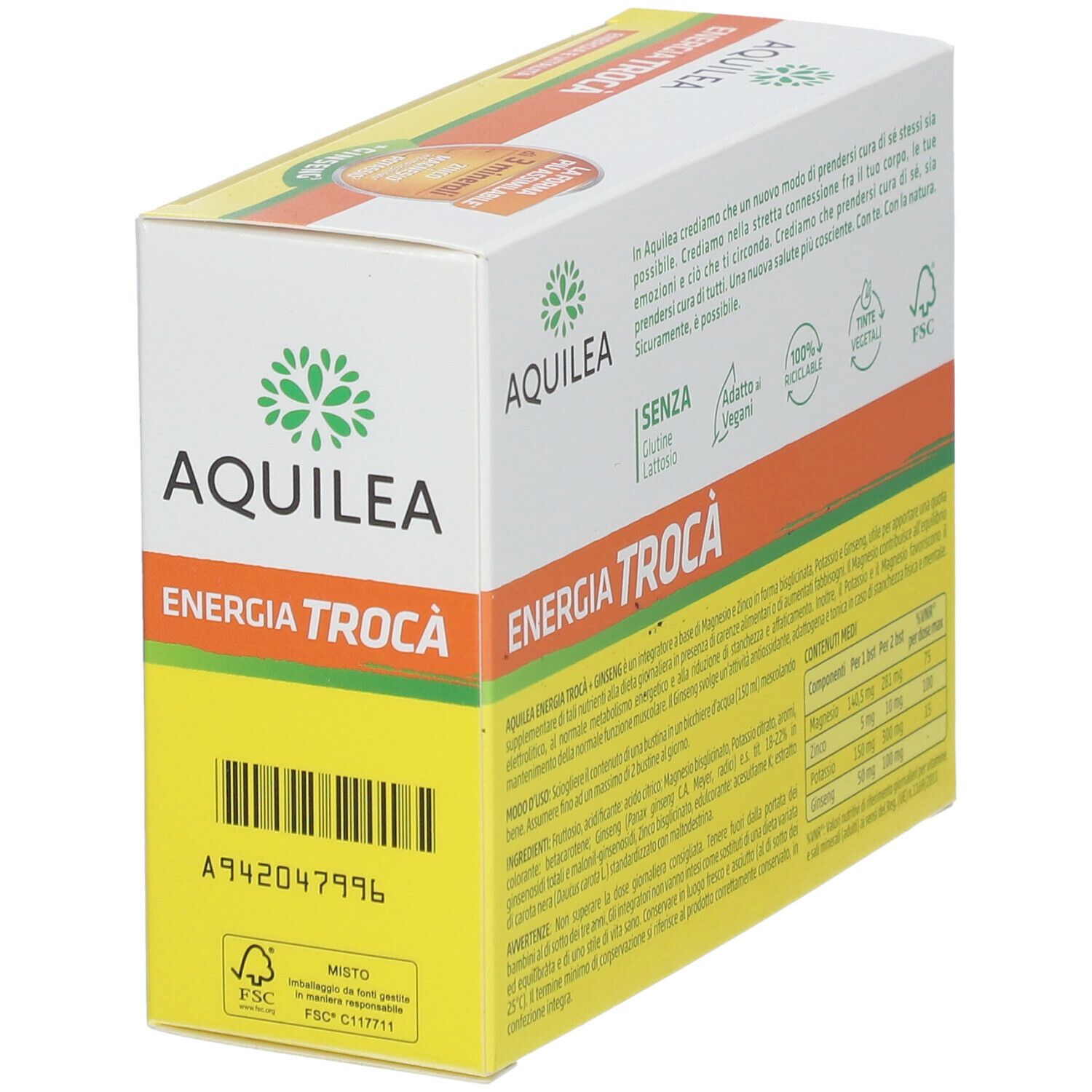 Confezione di AQUILEA Energia. Contiene 20 bustine. Scritte: Energia e vitalità, zinco, magnesio, potassio, ginseng.