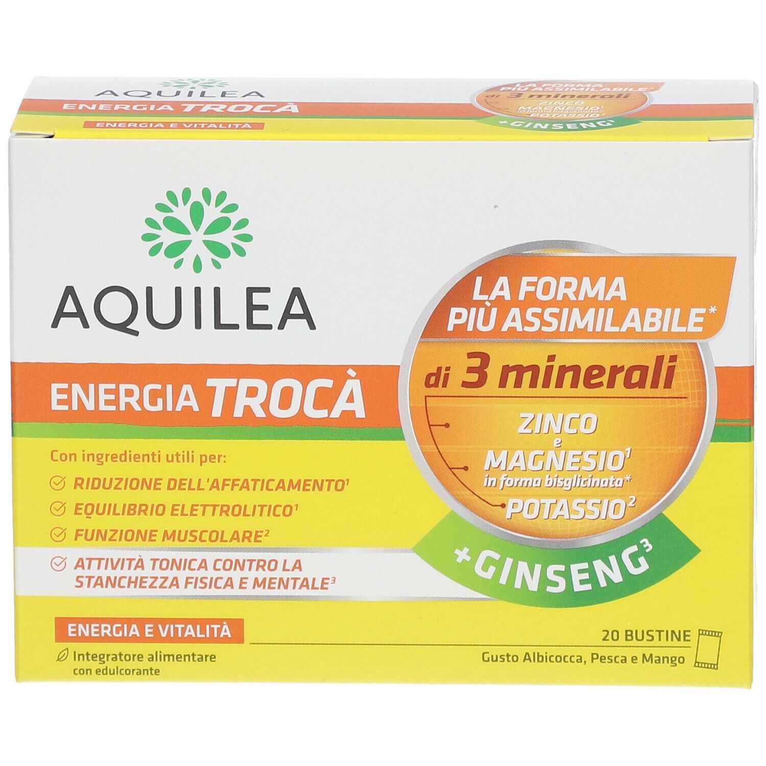 Confezione di AQUILEA Energia. Contiene 20 bustine. Scritte: Energia e vitalità, zinco, magnesio, potassio, ginseng.