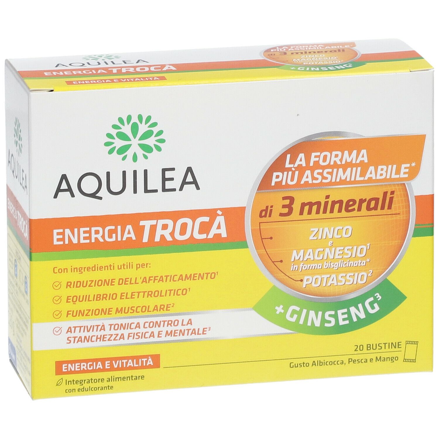 Confezione di AQUILEA Energia. Contiene 20 bustine. Scritte: Energia e vitalità, zinco, magnesio, potassio, ginseng.