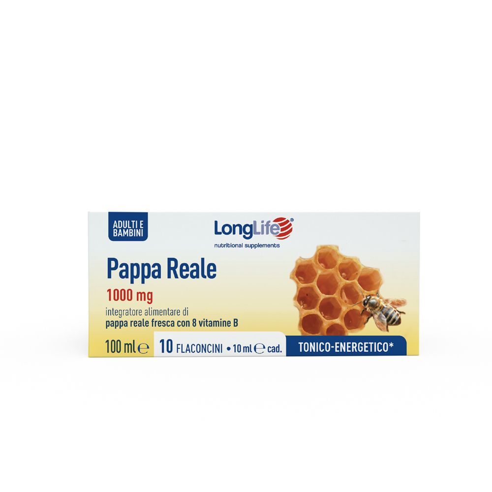 Scatola con stampa del prodotto. Contiene 10 flaconcini. Scritta: Pappa Reale 1000 mg, LongLife.
