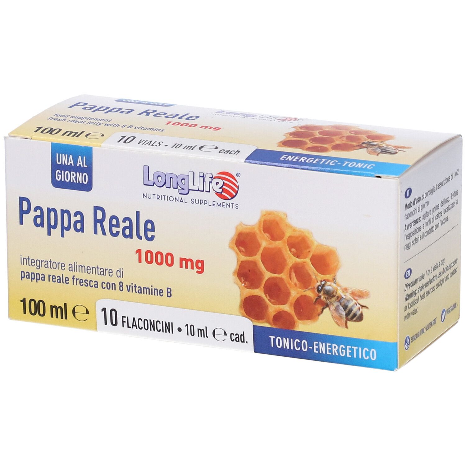 Confezione del prodotto, in diagonale dall'alto. Scritta: Pappa Reale 1000 mg, LongLife. Contiene 10 flaconcini.