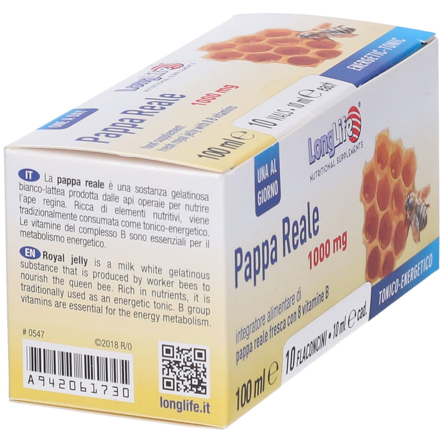 Confezione del prodotto con testo. Contiene informazioni sul prodotto. Scritta: Pappa Reale 1000 mg, LongLife.