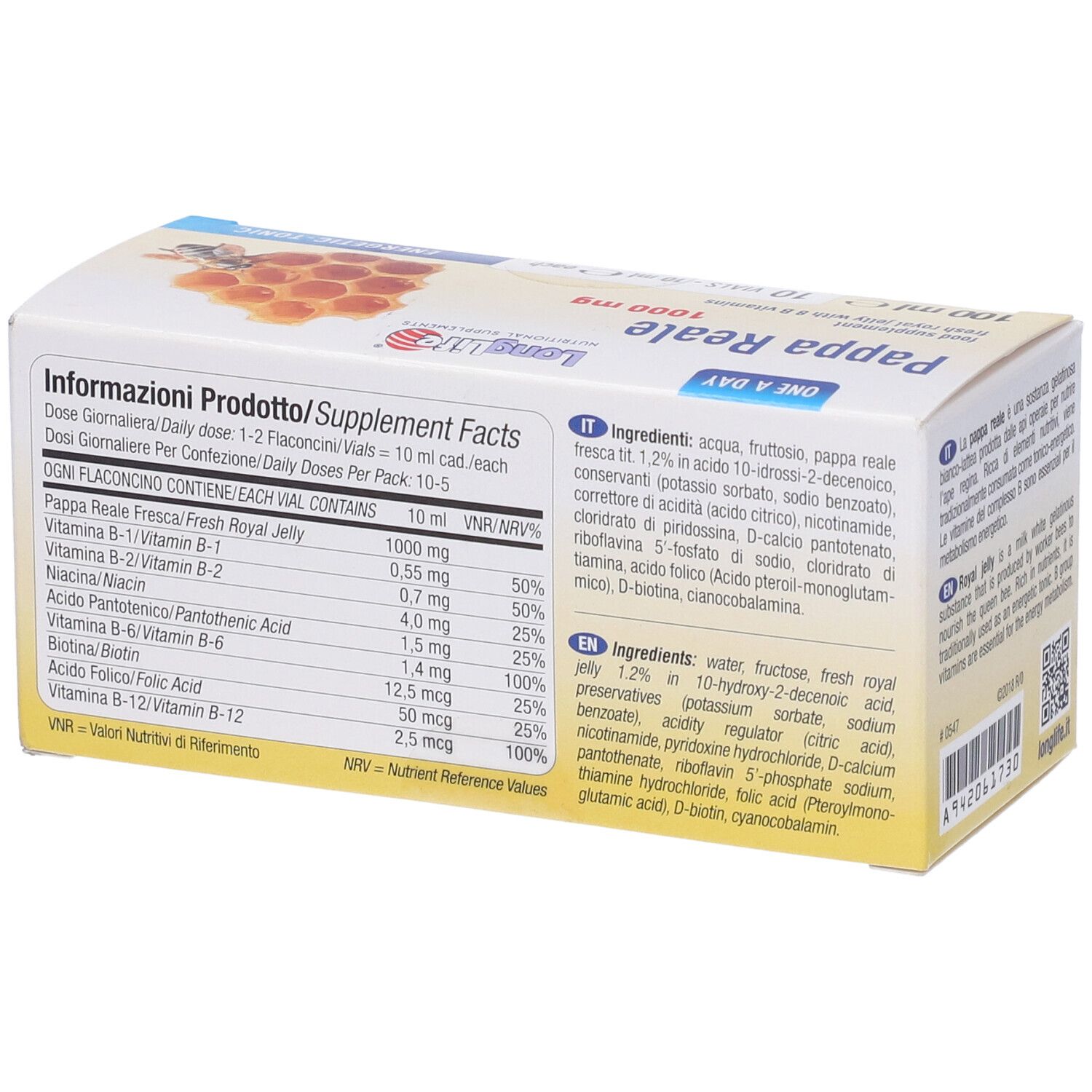 Confezione del prodotto con informazioni nutrizionali. Scritta: Pappa Reale 1000 mg, LongLife.