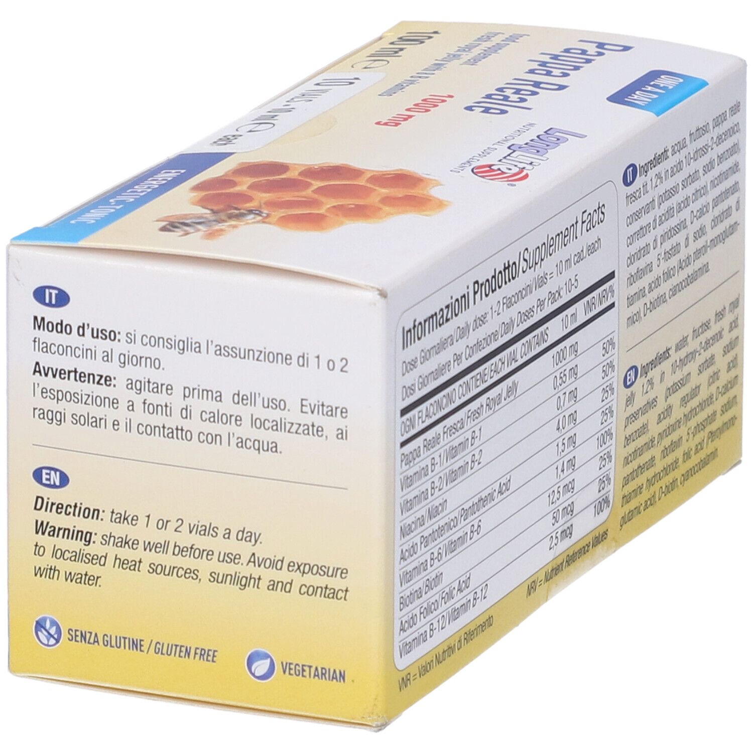 Confezione del prodotto con istruzioni per l'uso. Scritta: Pappa Reale 1000 mg, LongLife.
