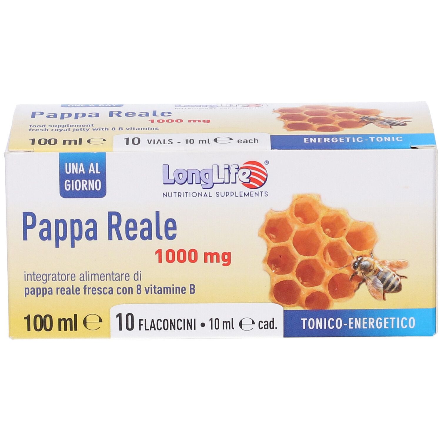 Confezione del prodotto, in diagonale dall'alto. Scritta: Pappa Reale 1000 mg, LongLife. Contiene 10 flaconcini.