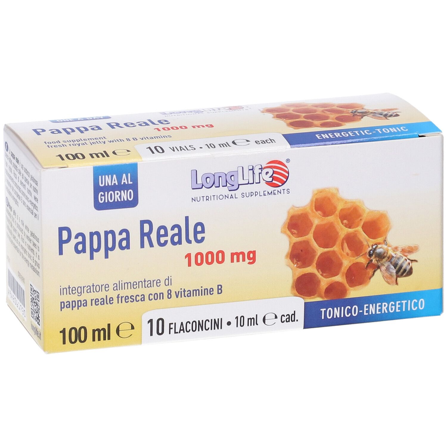 Confezione del prodotto, in diagonale dall'alto. Scritta: Pappa Reale 1000 mg, LongLife. Contiene 10 flaconcini.