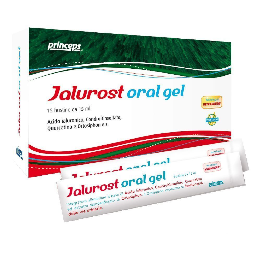 Confezione con nome del prodotto e 15 bustine. Contiene acido ialuronico, condroitin solfato, quercetina e ortosiphon.