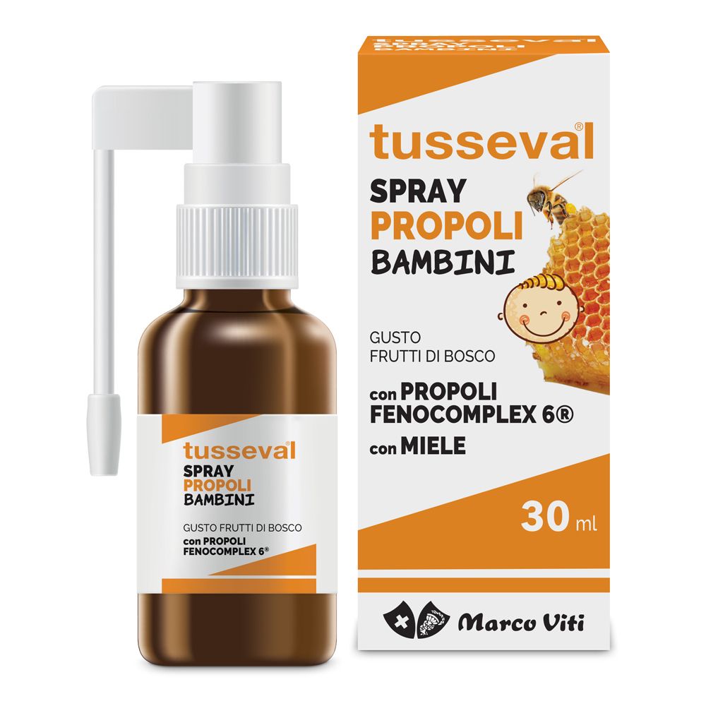 Braune Flasche mit weißem Sprühkopf und Karton. Aufschrift: Tusseval Spray Gola Propoli Bambini. 30 ml.