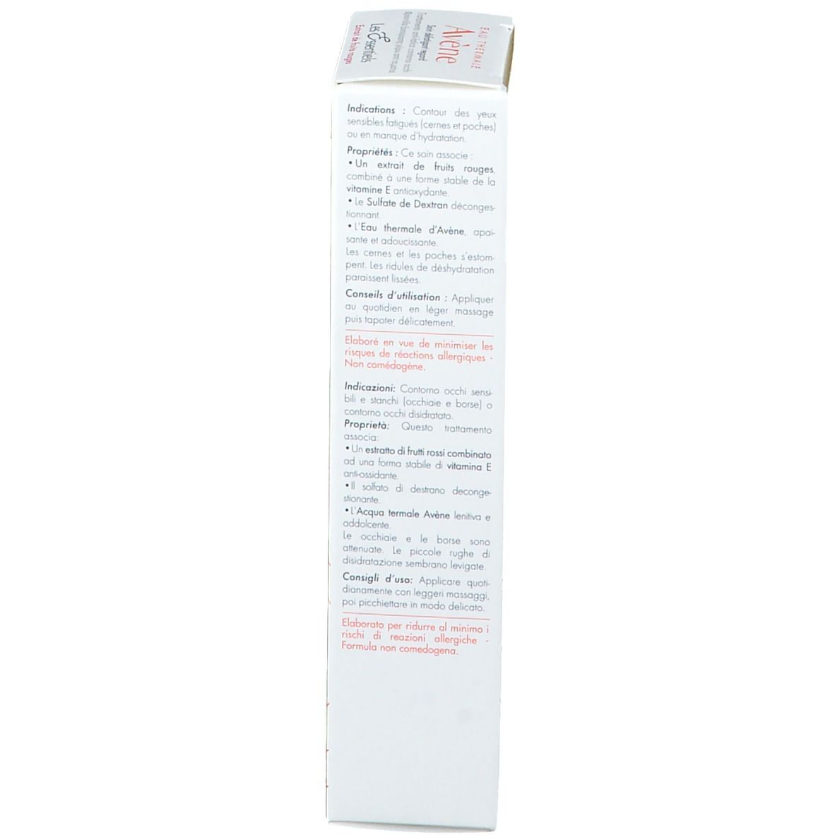 Emballage carton. Inscription: Eau Thermale Avène. Texte multilingue. Emballage blanc.