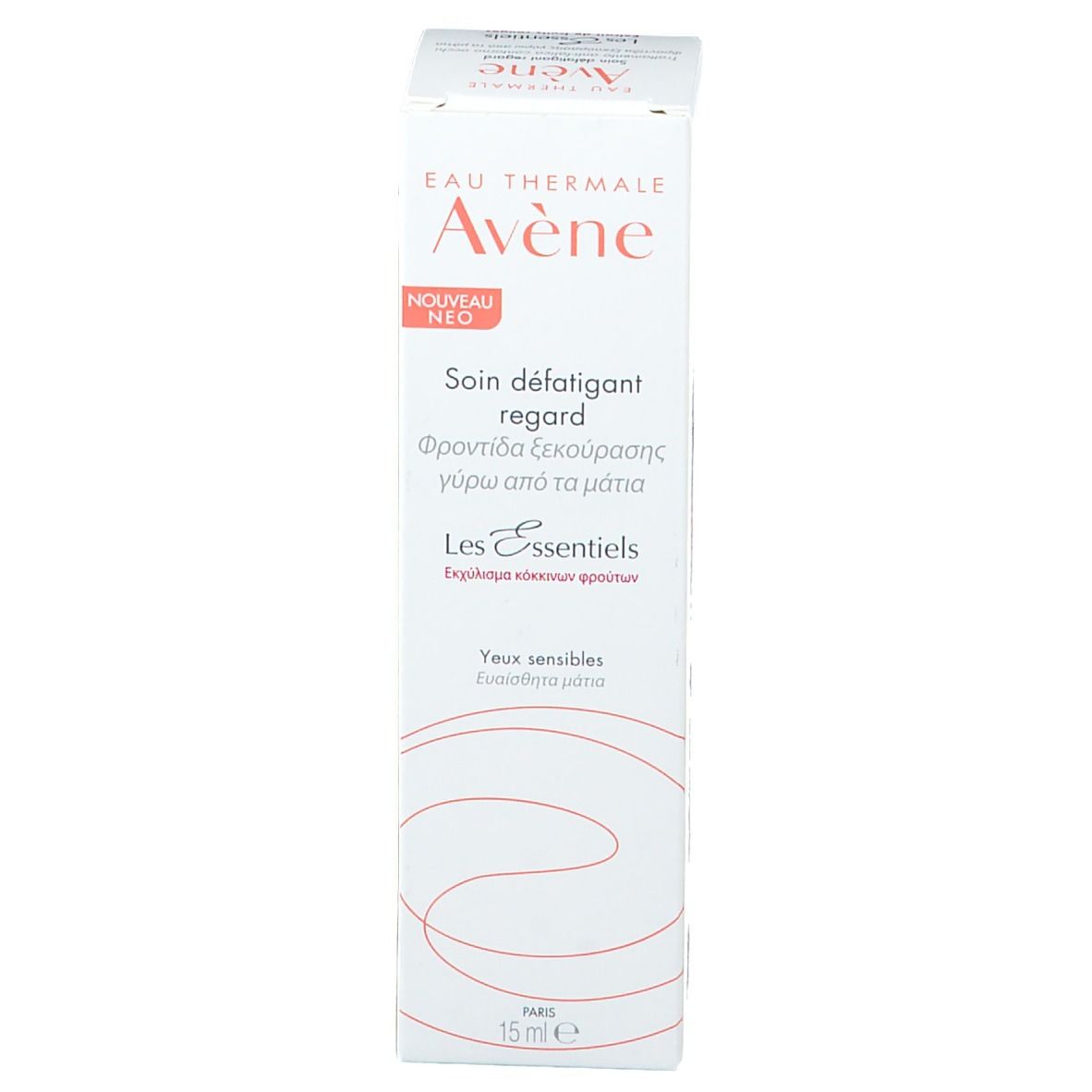 Emballage carton. Inscription: Eau Thermale Avène. Texte multilingue. Emballage blanc.
