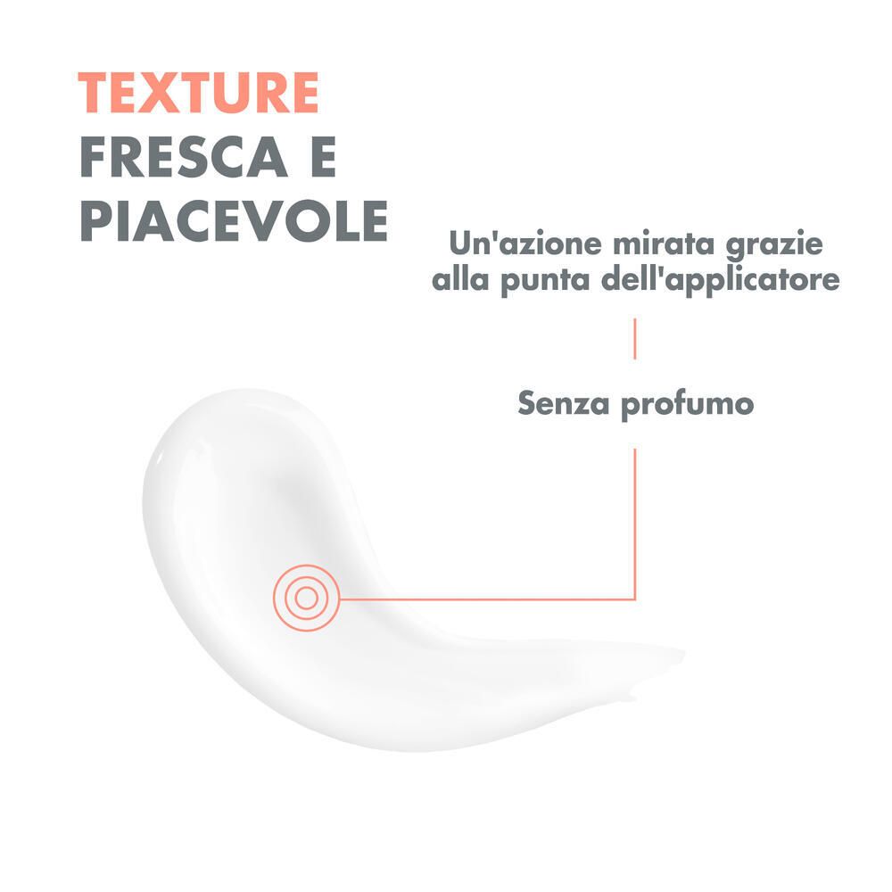Texture du produit. Crème blanche. Texte: Texture fresca e piacevole, Senza profumo. Cercle rouge.