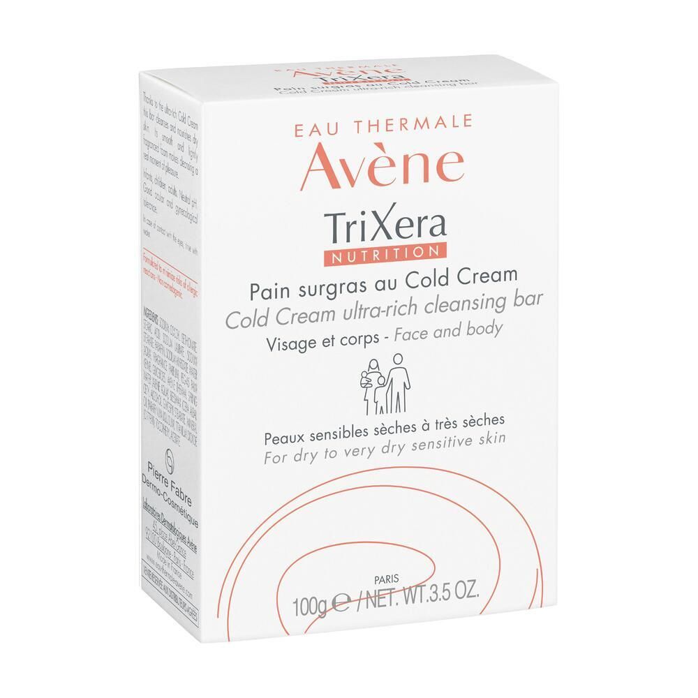Confezione in cartone bianco. Scritte: Avène TriXera, pane surgras al Cold Cream. Per pelli da secche a molto secche. 100g.