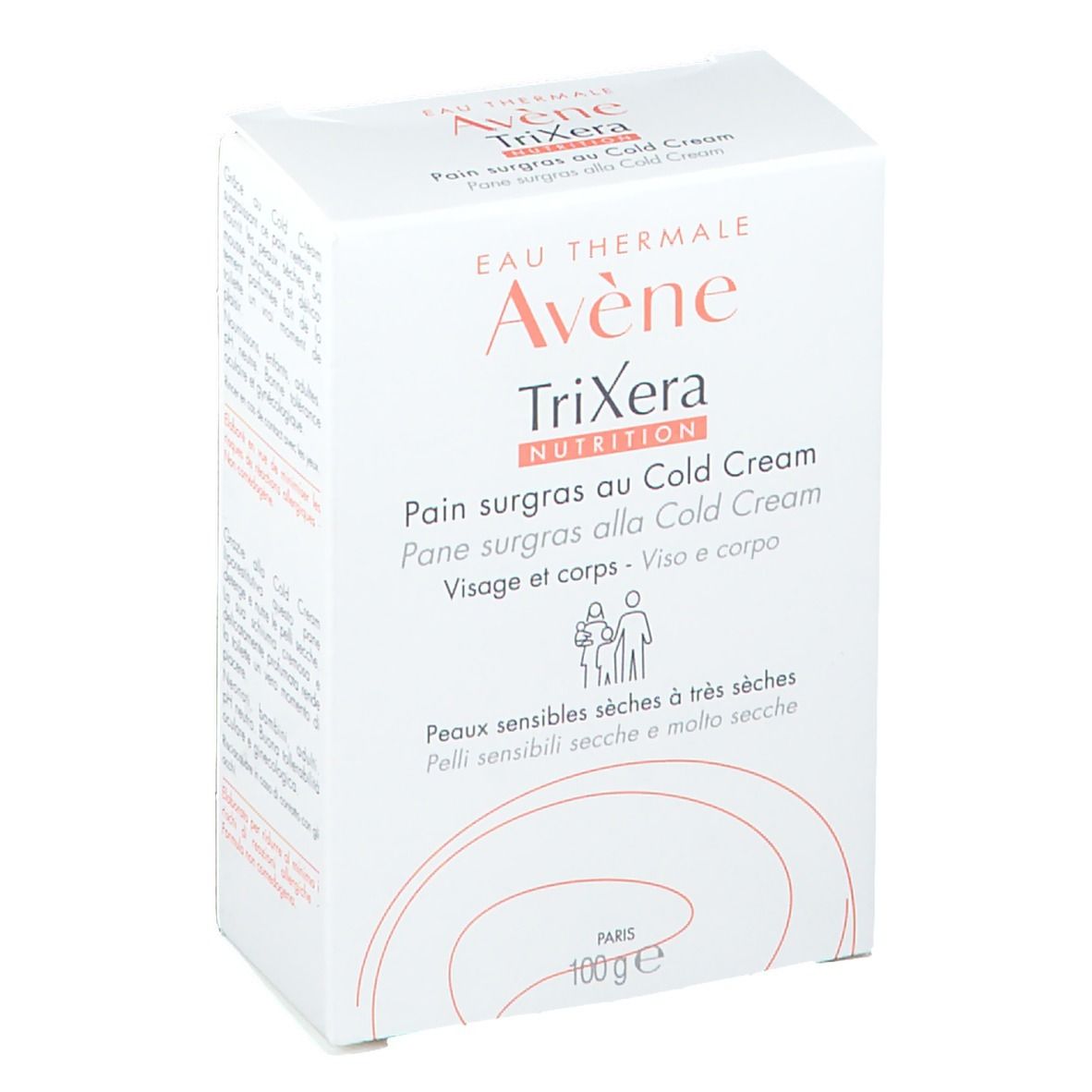 Confezione in cartone bianco. Scritte: Avène TriXera, pane surgras al Cold Cream. Per pelli da secche a molto secche. 100g.