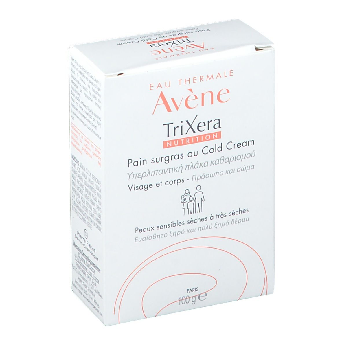 Confezione in cartone bianco. Scritte: Avène TriXera, pane surgras al Cold Cream. Per pelli da secche a molto secche. 100g.