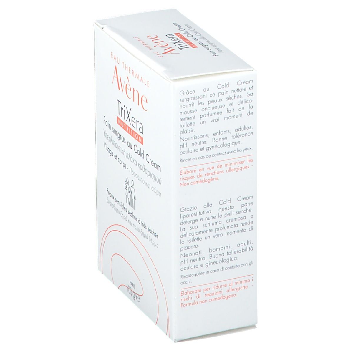 Confezione in cartone bianco. Scritte: Avène TriXera, pane surgras al Cold Cream. Per pelli da secche a molto secche. 100g.